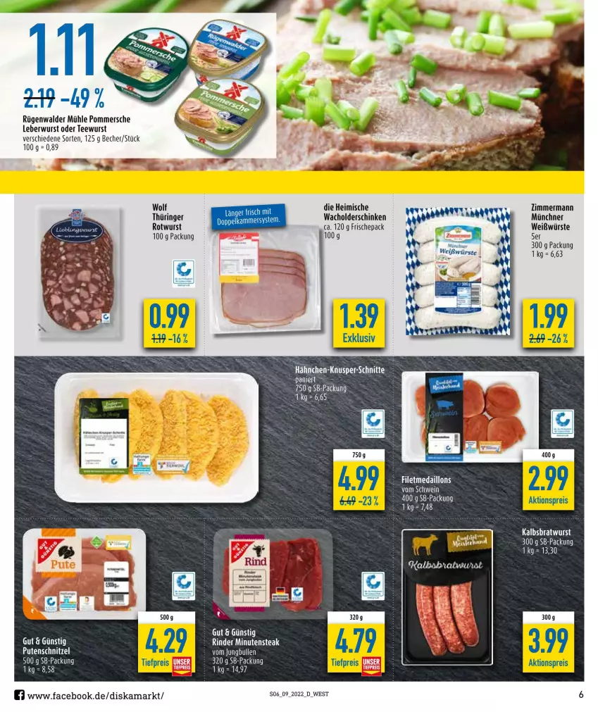 Aktueller Prospekt Diska - Prospekte - von 28.02 bis 05.03.2022 - strona 6 - produkty: aktionspreis, Becher, bratwurst, eier, eis, filet, Kalbsbratwurst, leberwurst, medaillons, Pommersche, pute, putenschnitzel, reis, rind, rinder, ring, Rotwurst, rügenwalder, rügenwalder mühle, schinken, schnitzel, steak, tee, teewurst, Ti, tiefpreis, wurst