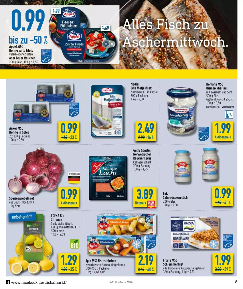 Aktueller Prospekt Diska - Prospekte - von 28.02 bis 05.03.2022 - strona 8 - produkty: aktionspreis, bio, bismarck, bordelaise, deka, edeka bio, eis, filet, filets, fisch, fischstäbchen, frosta, gelee, hering, homann, iglo, lachs, matjes, Matjesfilet, matjesfilets, mit zwiebeln, nadler, rapsöl, reis, ring, rwe, schlemmerfilet, senf, Speisezwiebeln, Ti, tiefpreis, zwiebel, zwiebeln