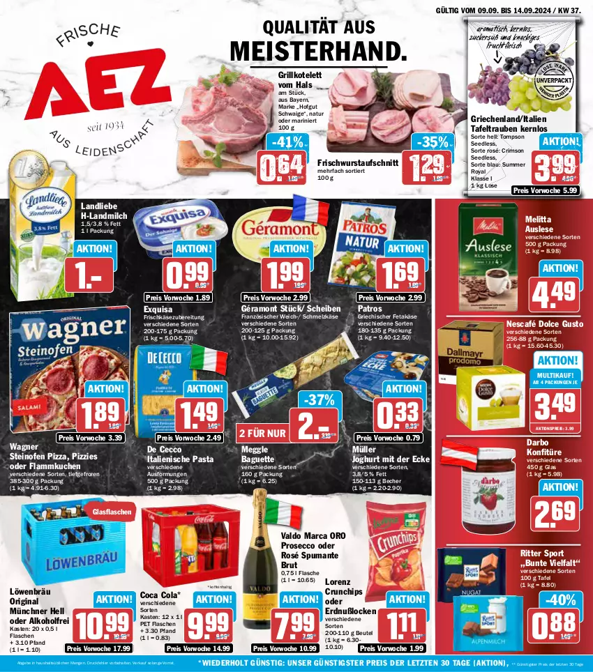 Aktueller Prospekt Aez - Prospekte - von 09.09 bis 14.09.2024 - strona 1 - produkty: aktionspreis, alkohol, aufschnitt, baguette, Becher, beutel, brut, chips, cola, crunchips, darbo, De Cecco, dolce gusto, ecco, eis, exquisa, feta, flammkuchen, flasche, fleisch, frischkäse, frischkäsezubereitung, frucht, fruchtfleisch, géramont, gin, glasflasche, grill, grillkotelett, hofgut, italienische pasta, joghur, joghurt, joghurt mit der ecke, Käse, konfitüre, kotelett, kuchen, lamm, landliebe, landmilch, lorenz, lorenz crunchips, meggle, Meister, melitta, milch, Müller, natur, Nescafé, Ofen, pasta, patros, pizza, prosecco, puma, reis, ritter, ritter sport, Schmelzkäse, Sport, spumante, steinofen, steinofen pizza, tafeltrauben, Ti, tisch, trauben, valdo, wagner, wurst, ZTE, zucker