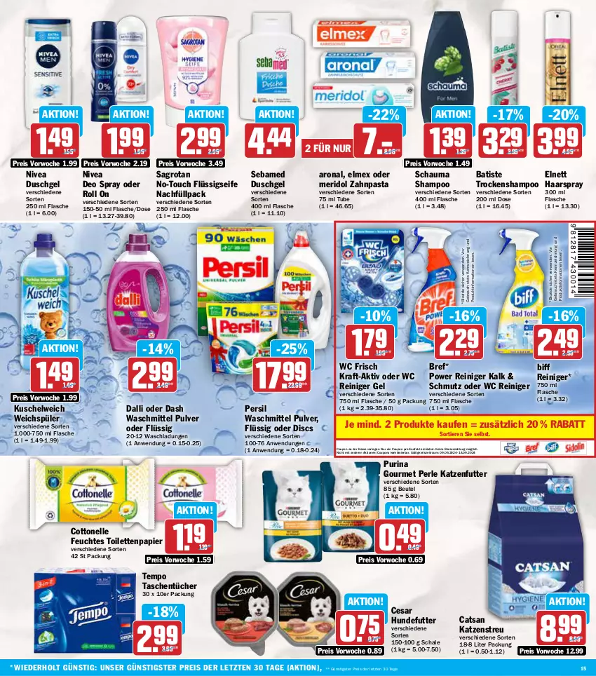 Aktueller Prospekt Aez - Prospekte - von 09.09 bis 14.09.2024 - strona 15 - produkty: beutel, biff, bio, Bref, catsan, cottonelle, coupon, coupons, dalli, deo, deo spray, duschgel, eis, elle, elmex, elnett, feuchtes toilettenpapier, flasche, flüssigseife, haarspray, katzenfutter, Katzenstreu, kraft, Kuschelweich, meridol, nivea, papier, pasta, persil, persil waschmittel, purina, Rauch, reiniger, reiniger gel, reis, rwe, sagrotan, Schal, Schale, schauma, schauma shampoo, sebamed, Seife, shampoo, Tasche, taschen, taschentücher, Tempo, Ti, Tiere, toilettenpapier, Trockenshampoo, tücher, waschmittel, wc frisch, weichspüler, zahnpasta, ZTE