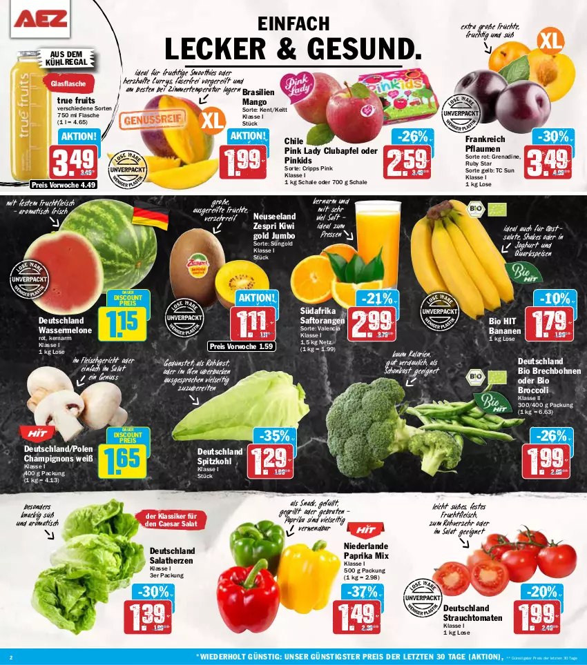 Aktueller Prospekt Aez - Prospekte - von 09.09 bis 14.09.2024 - strona 2 - produkty: apfel, auer, aus dem kühlregal, banane, bananen, bio, bio hit, bohne, bohnen, braten, broccoli, champignon, champignons, curry, discount, eis, Elan, flasche, fleisch, frucht, früchte, fruchtfleisch, glasflasche, grill, joghur, joghurt, jumbo, kiwi, Kiwi Gold, kühlregal, mango, melone, nuss, obst, Ofen, orange, orangen, paprika, paprika mix, pflaume, pflaumen, Pink Lady, quark, Rauch, regal, reis, rwe, saft, Saftorangen, salat, salate, salatherzen, Schal, Schale, shake, smoothie, smoothies, snack, spitzkohl, strauchtomaten, Ti, tisch, tomate, tomaten, true fruits, wasser, wassermelone, zespri, ZTE