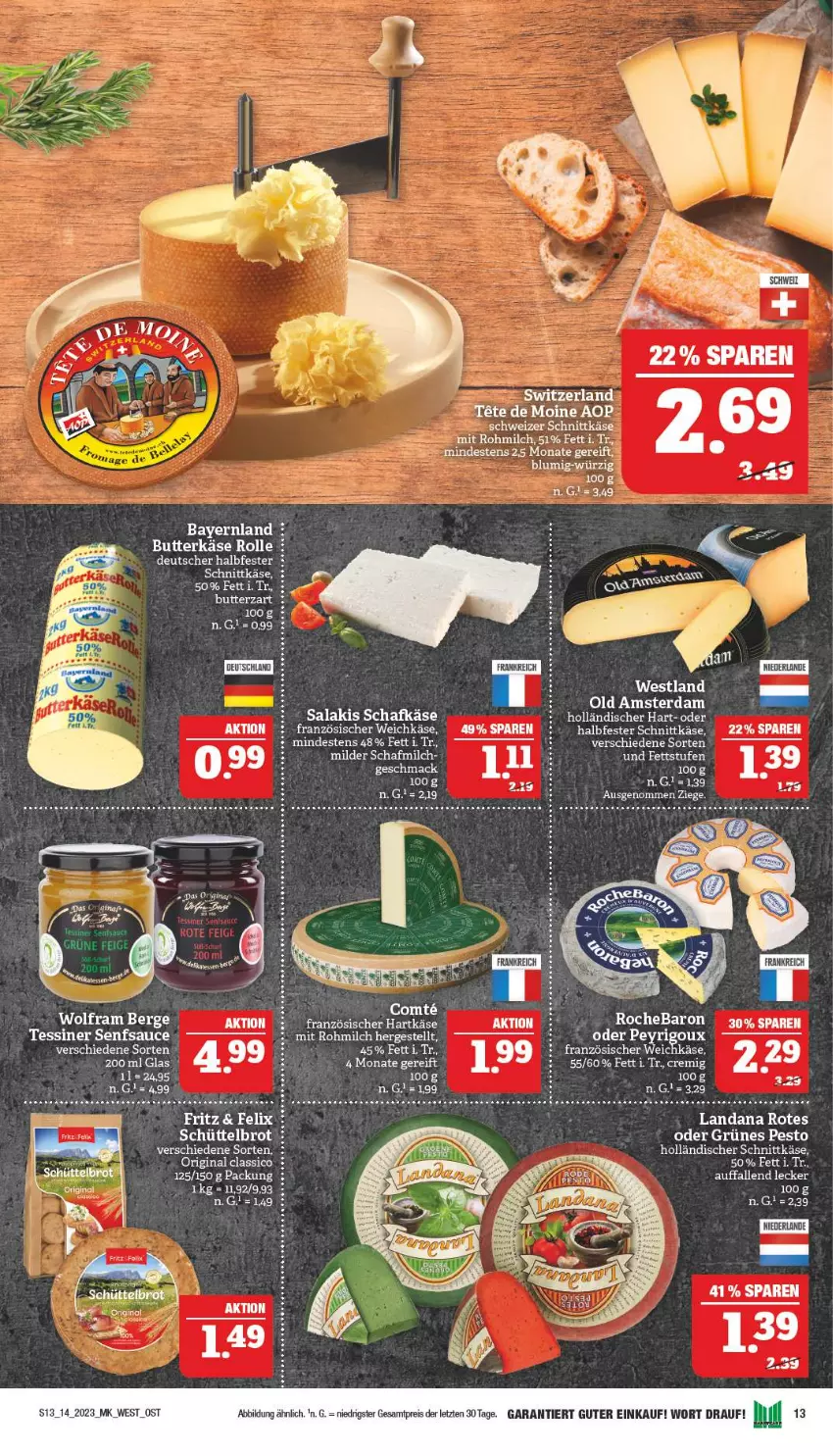 Aktueller Prospekt Marktkauf - Prospekt - von 02.04 bis 08.04.2023 - strona 13 - produkty: brot, butter, butterkäse, classico, deit, dessert, eis, elle, felix, französischer weichkäse, fritz, gin, halbfester schnittkäse, hartkäse, holländischer schnittkäse, Käse, milch, pesto, reis, salakis, sauce, schafkäse, schnittkäse, schweizer schnittkäse, senf, tee, Ti, weichkäse, ZTE