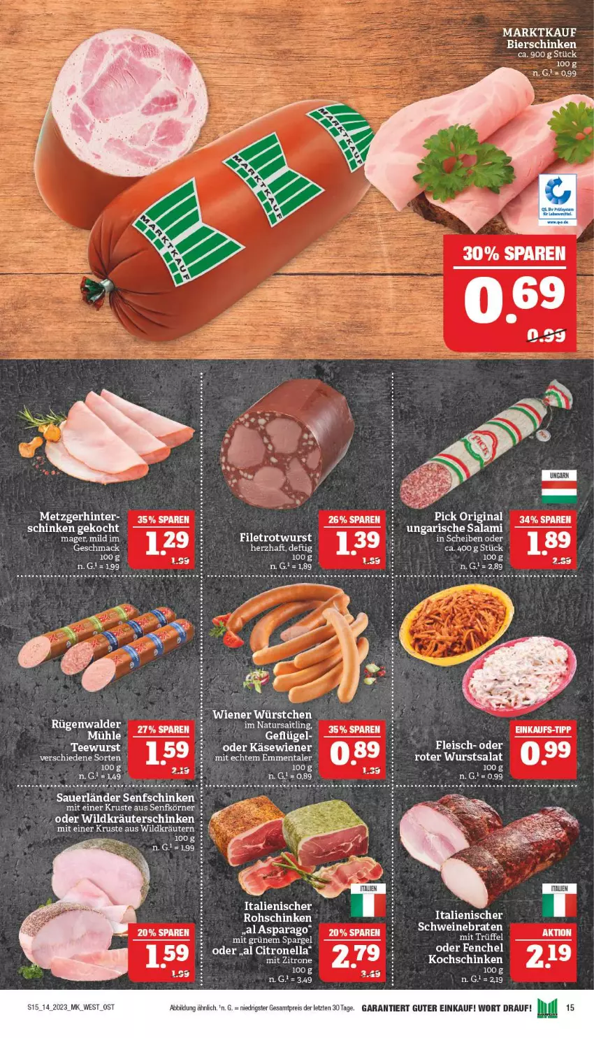 Aktueller Prospekt Marktkauf - Prospekt - von 02.04 bis 08.04.2023 - strona 15 - produkty: auer, eis, elle, ente, filet, fleisch, Käse, kochschinken, kräuter, kräutern, LG, mac, reis, rohschinken, Rotwurst, rügenwalder, salat, schinken, senf, spargel, tee, Ti, wiener, Wild, wurst, zitrone, ZTE