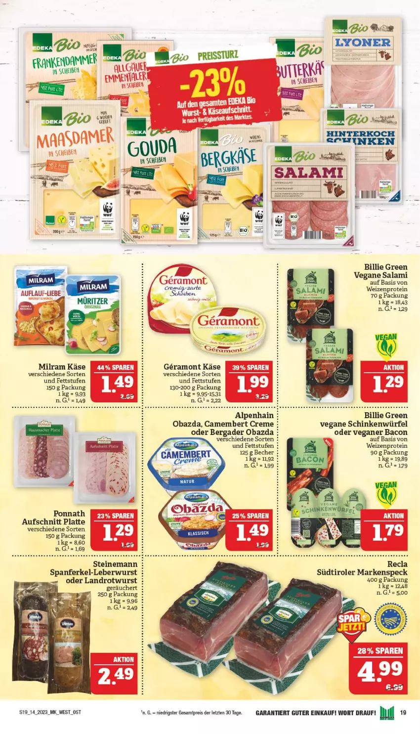 Aktueller Prospekt Marktkauf - Prospekt - von 02.04 bis 08.04.2023 - strona 19 - produkty: Alpenhain, aufschnitt, bacon, Becher, bergader, bio, camembert, camembert creme, creme, deka, eis, Käse, latte, leberwurst, milram, obazda, ponnath, reis, reiss, Rotwurst, salami, schinken, Speck, südtiroler, Ti, würfel, wurst, ZTE