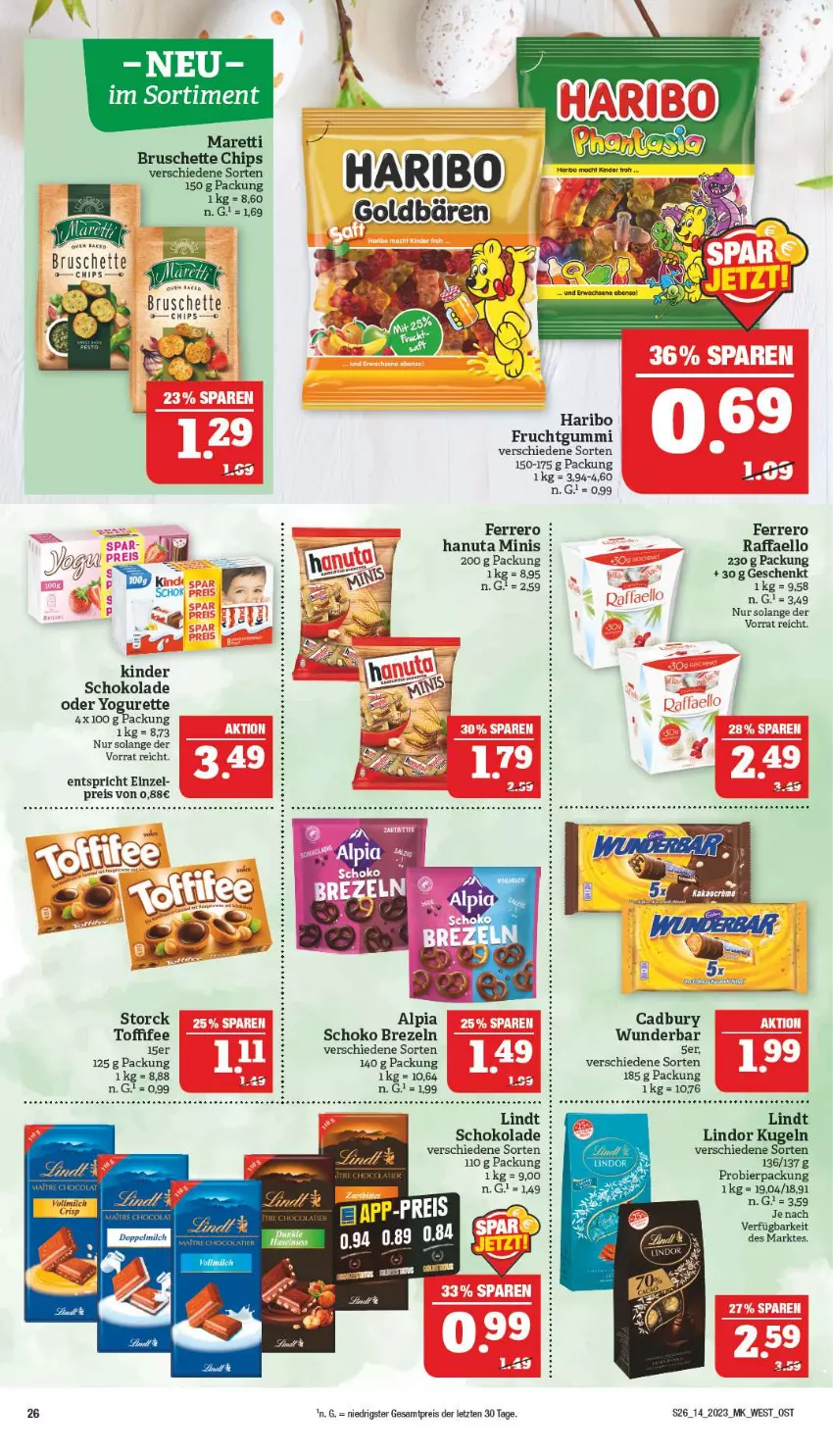 Aktueller Prospekt Marktkauf - Prospekt - von 02.04 bis 08.04.2023 - strona 26 - produkty: alpia, bier, brezel, Brezeln, Bruschette, chips, eis, ferrero, frucht, fruchtgummi, goldbären, hanuta, haribo, Kinder, Kugel, lindor, lindt, milch, oder yogurette, raffaello, reis, schoko, schokolade, storck, Ti, toffifee, vollmilch, Yo, yogurette, ZTE