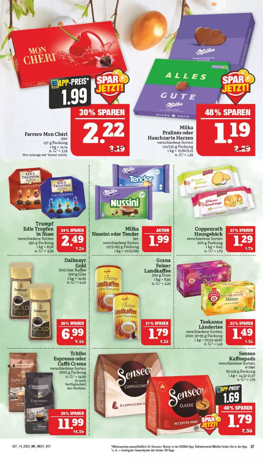 Aktueller Prospekt Marktkauf - Prospekt - von 02.04 bis 08.04.2023 - strona 27 - produkty: aktionspreis, Cap, cappuccino, cin, coppenrath, dallmayr, dallmayr gold, deka, eis, ente, espresso, espresso oder, ferrero, grana, Heu, kaffee, kaffeepads, korn, Ländertee, löslicher kaffee, milka, ndk, nuss, Rana, reis, rum, senseo, Tchibo, tee, teekanne, tender, Ti, ZTE