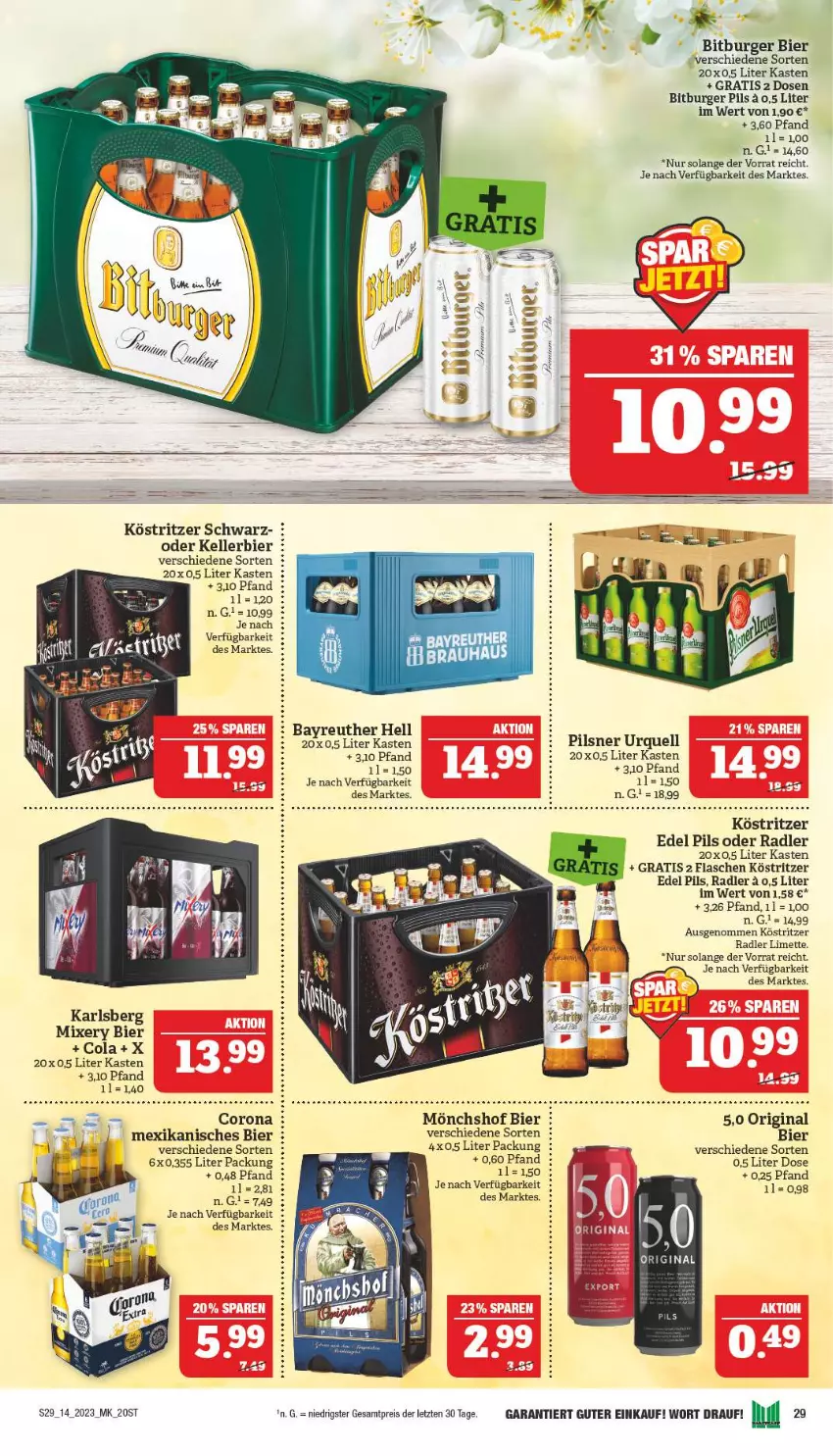 Aktueller Prospekt Marktkauf - Prospekt - von 02.04 bis 08.04.2023 - strona 29 - produkty: bier, bitburger, bitburger pils, burger, cola, corona, eis, elle, flasche, gin, karlsberg, karlsberg mixery, kellerbier, köstritzer, limette, Mett, Mixer, mixery, mönchshof, oder radler, pils, pilsner, pilsner urquell, radler, reis, Ti, ZTE