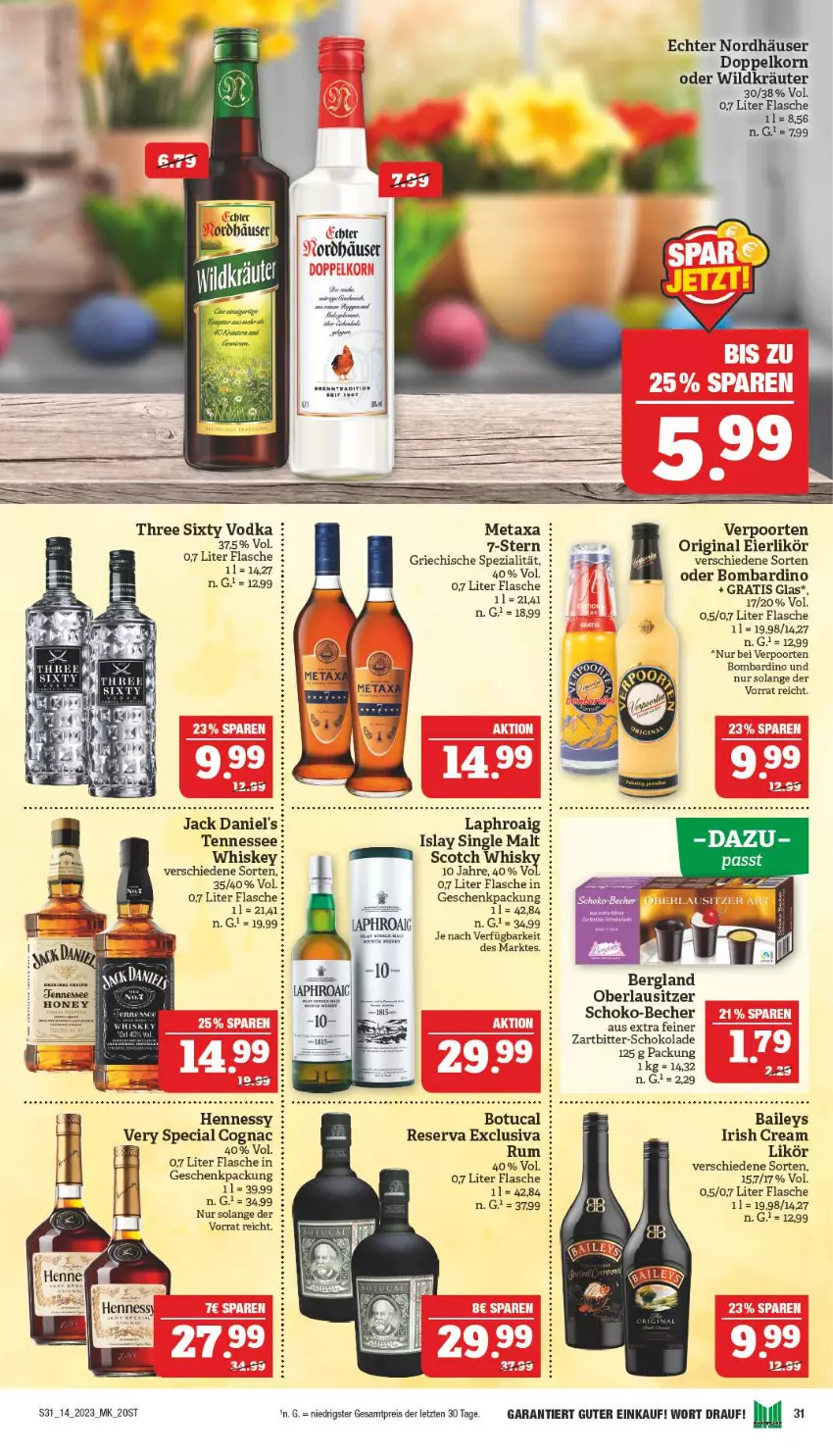 Aktueller Prospekt Marktkauf - Prospekt - von 02.04 bis 08.04.2023 - strona 31 - produkty: baileys, Becher, Cognac, doppelkorn, eier, eierlikör, eis, flasche, geschenkpackung, gin, irish cream, islay single malt, jack daniel, jack daniel's, korn, kräuter, laphroaig, likör, Metaxa, reis, rum, schoko, schokolade, scotch, scotch whisky, single malt, Spezi, Three Sixty, Ti, tuc, verpoorten, vodka, whiskey, whisky, Wild, ZTE