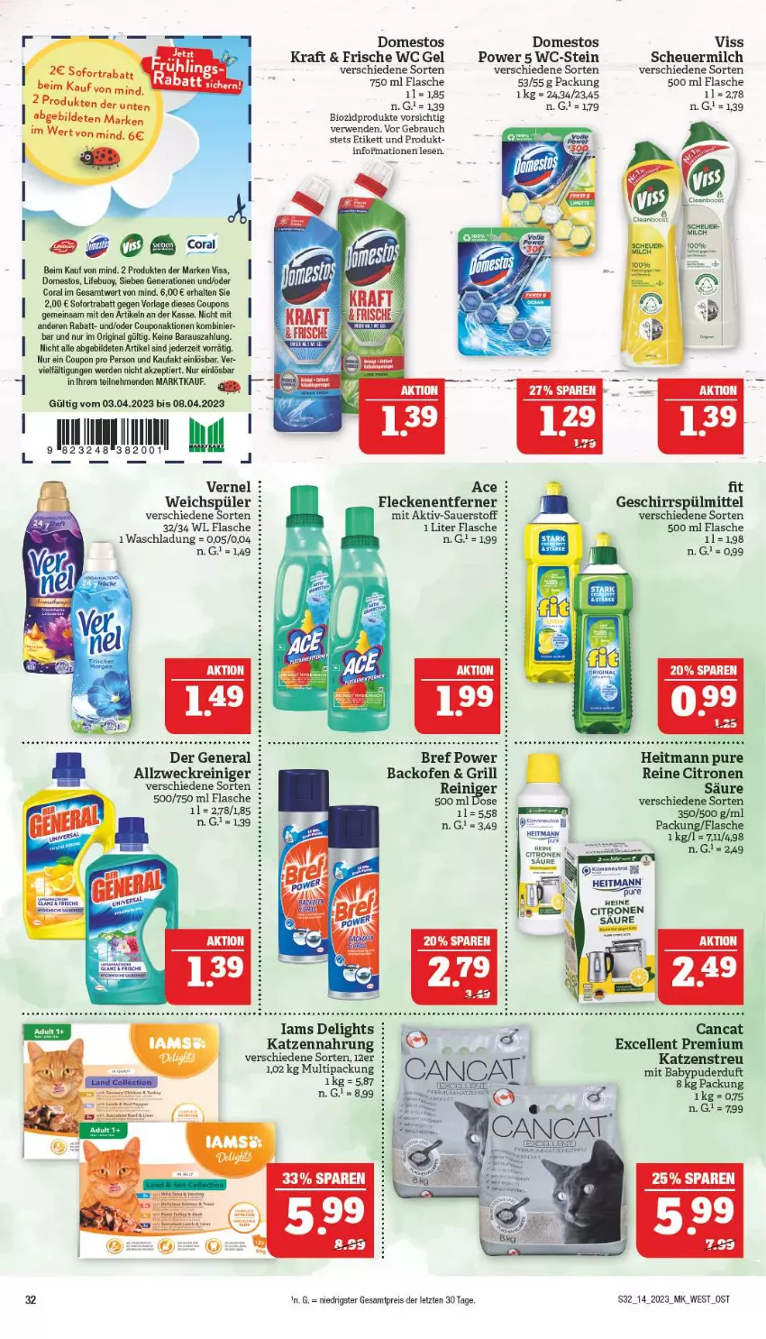 Aktueller Prospekt Marktkauf - Prospekt - von 02.04 bis 08.04.2023 - strona 32 - produkty: allzweckreiniger, auer, Babypuder, backofen, bio, biozidprodukte, Bref, bref power, Coral, coupon, coupons, domestos, eis, elle, erde, flasche, Fleckenentferner, geschirr, geschirrspülmittel, gin, grill, heitmann, Heu, katzennahrung, Katzenstreu, kraft, milch, Ofen, Rauch, reiniger, reis, rwe, scheuermilch, sofortrabatt, spülmittel, Ti, vernel, weck, weichspüler, ZTE