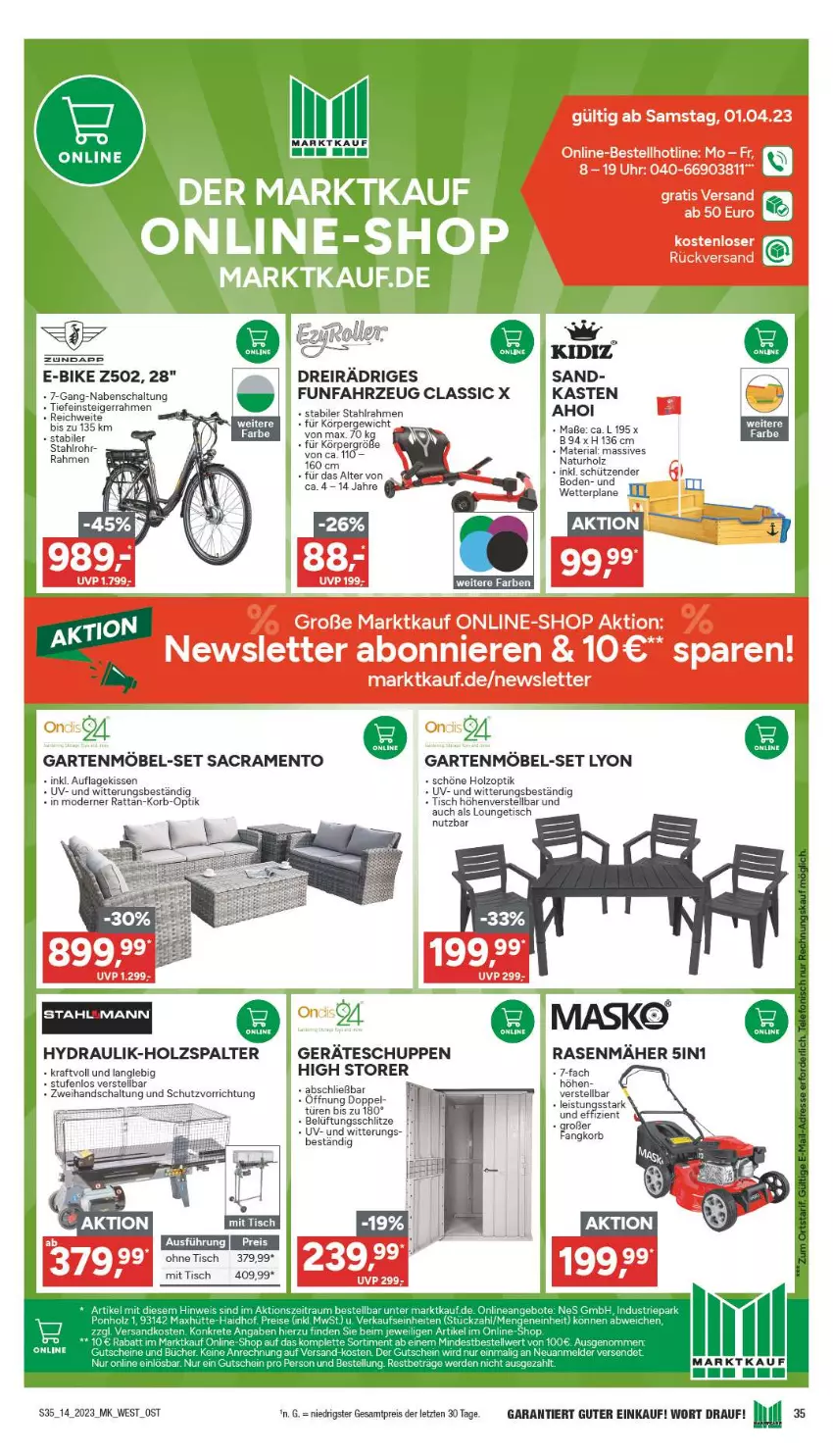 Aktueller Prospekt Marktkauf - Prospekt - von 02.04 bis 08.04.2023 - strona 35 - produkty: E-Bike, eis, Garten, gartenmöbel, Holz, Holzspalter, kissen, korb, kraft, möbel, Mode, natur, rasen, rasenmäher, reis, Ria, Roller, sac, Schal, Schütze, Ti, tisch, Yo, ZTE