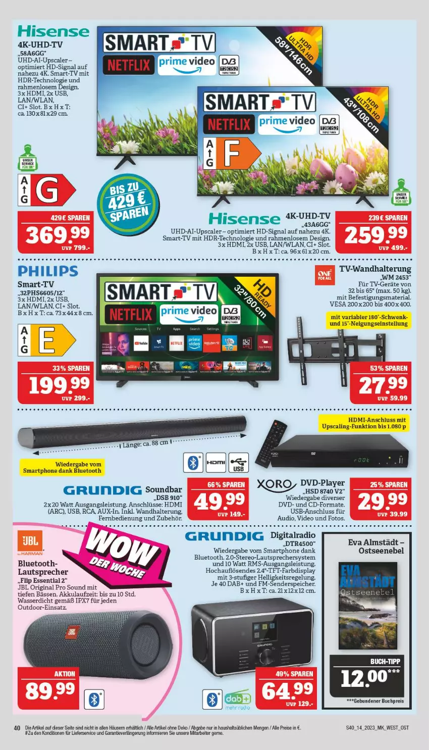 Aktueller Prospekt Marktkauf - Prospekt - von 02.04 bis 08.04.2023 - strona 40 - produkty: akku, buch, deo, dvd, eis, enders, fernbedienung, gin, grundig, HDMI, hisense, HP, jbl, lautsprecher, lieferservice, netflix, Philips, Radio, reis, Ria, Signal, smartphone, soundbar, tee, tft-farbdisplay, Ti, uhd, UHD-TV, usb, wandhalterung, wasser, xoro