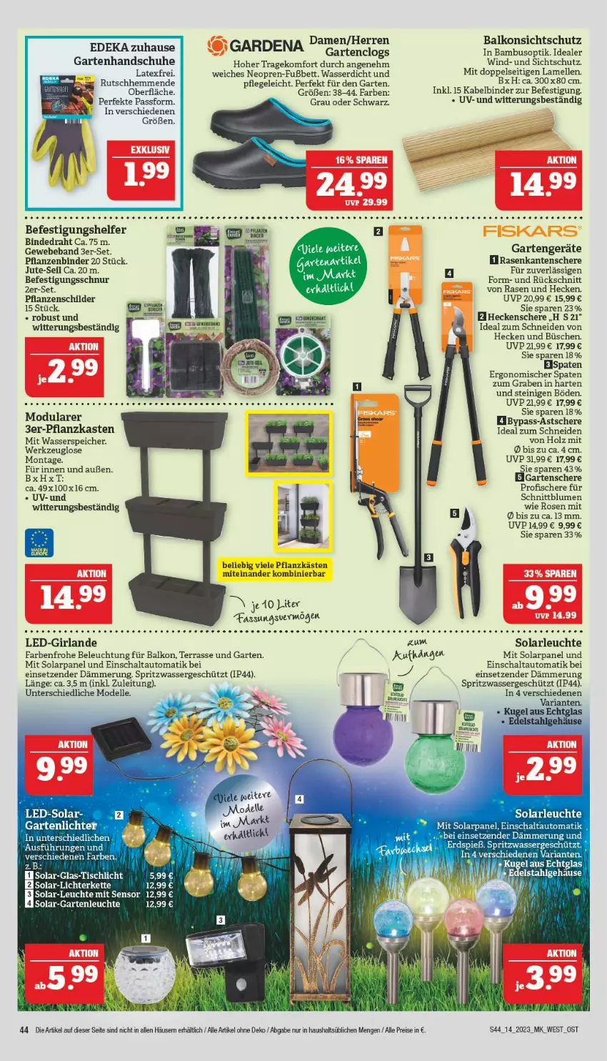 Aktueller Prospekt Marktkauf - Prospekt - von 02.04 bis 08.04.2023 - strona 44 - produkty: auto, bambus, Beba, beleuchtung, bett, blume, blumen, Clogs, deka, dell, Draht, edelstahl, eier, eis, elle, fisch, fische, Fischer, gardena, Garten, Gartenschere, Girlande, handschuhe, heckenschere, Holz, Kette, Leuchte, LG, lichterkette, Mode, pflanze, pflanzen, Pflanzkasten, rasen, reis, Ria, rosen, Schal, Schere, schuhe, solarleuchte, Spaten, Ti, tisch, wasser, werkzeug