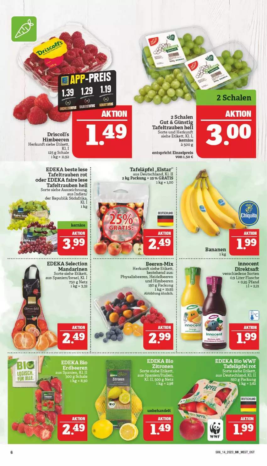 Aktueller Prospekt Marktkauf - Prospekt - von 02.04 bis 08.04.2023 - strona 6 - produkty: asus, banane, bananen, beere, beeren, bio, deka, direktsaft, driscoll's, edeka bio, eis, flasche, heidelbeere, heidelbeeren, himbeer, himbeere, himbeeren, Innocent, mandarine, mandarinen, nuk, Physalis, reis, saft, sana, Schal, Schale, tafeläpfel, tafeltrauben, tee, Ti, trauben, zitrone, zitronen