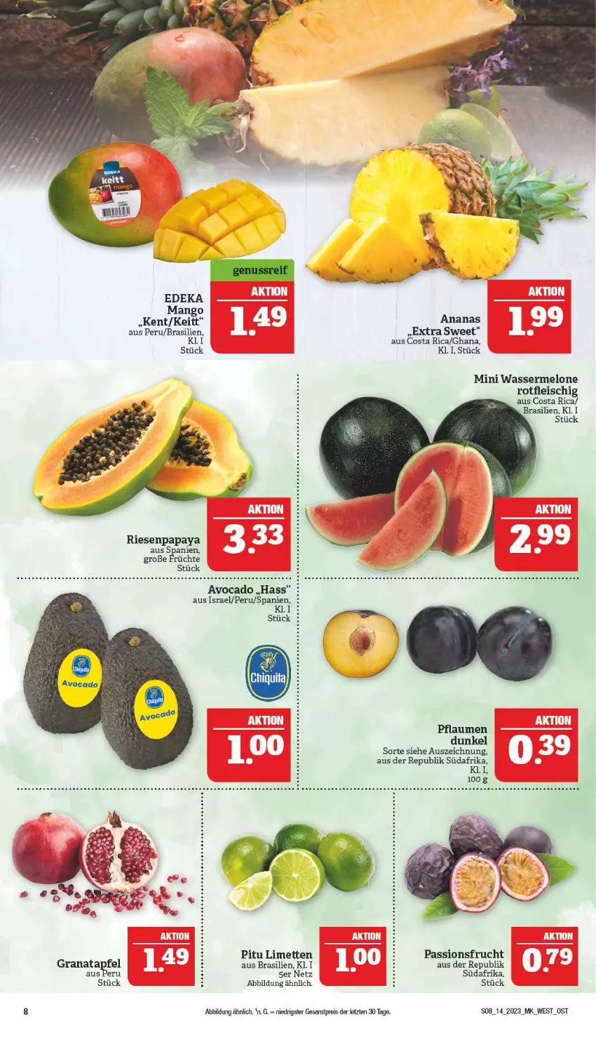 Aktueller Prospekt Marktkauf - Prospekt - von 02.04 bis 08.04.2023 - strona 8 - produkty: ananas, apfel, avocado, deka, eis, erde, fleisch, frucht, früchte, grana, granatapfel, limette, limetten, mango, melone, Mett, metten, Papaya, passionsfrucht, pflaume, pflaumen, Rana, reis, Ti, wasser, wassermelone, ZTE