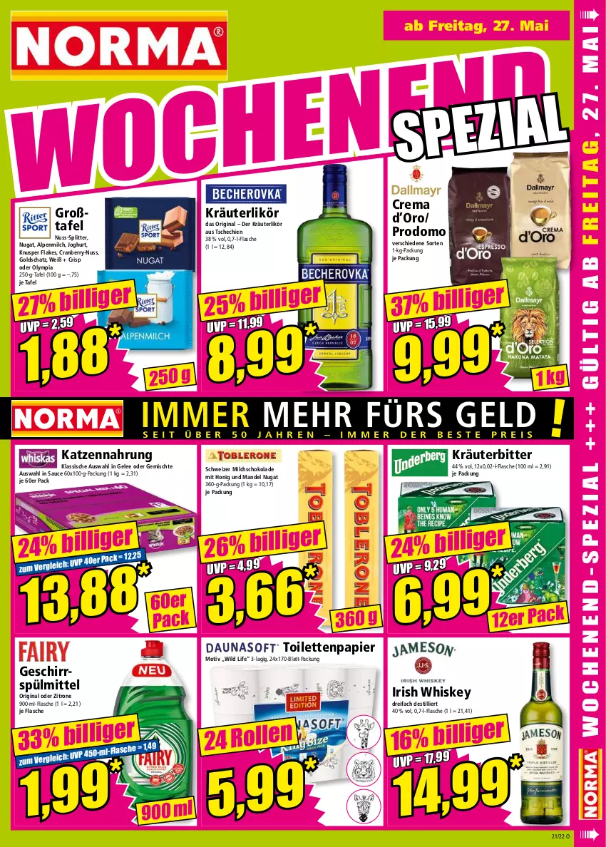 Aktueller Prospekt Norma - Norma - von 23.05 bis 30.05.2022 - strona 15 - produkty: alpenmilch, cranberry, flakes, flasche, gelee, geschirr, geschirrspülmittel, gin, honig, irish whiskey, joghur, joghurt, katzennahrung, kräuter, kräuterlikör, likör, mandel, milch, nuss, papier, prodomo, sauce, schoko, schokolade, spülmittel, Ti, toilettenpapier, whiskey, Wild, zitrone