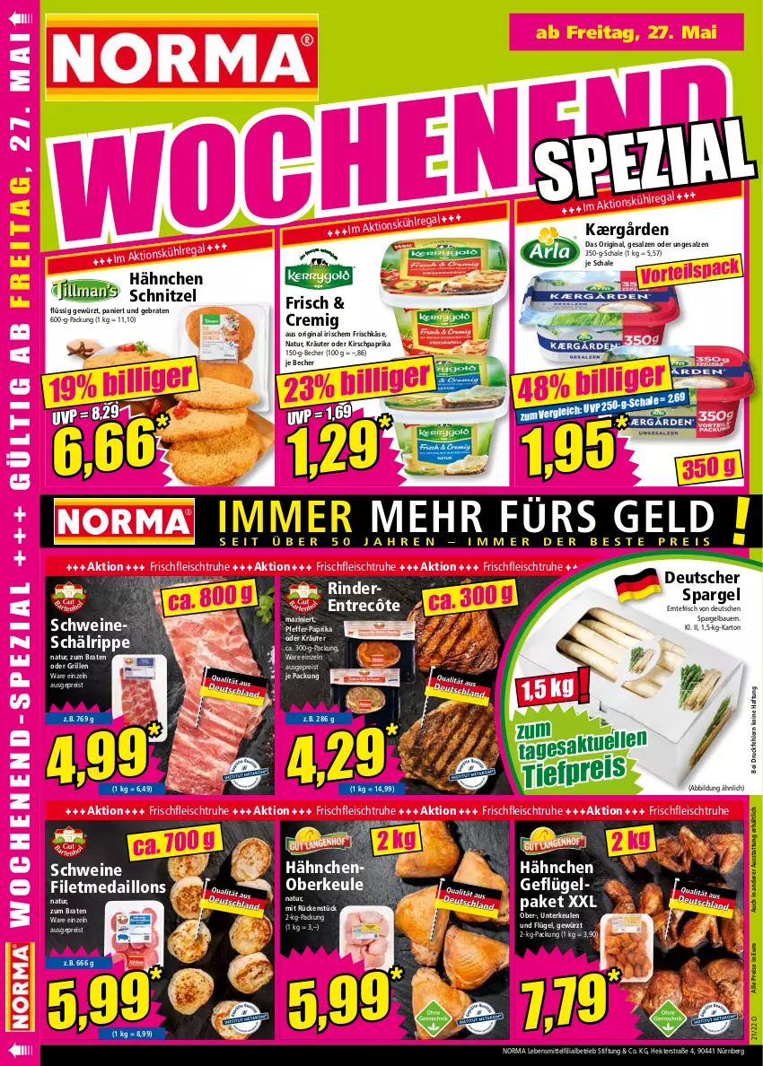 Aktueller Prospekt Norma - Norma - von 23.05 bis 30.05.2022 - strona 16 - produkty: auer, Bau, Bauer, Becher, braten, deutscher spargel, eis, filet, fleisch, frischkäse, Geflügel, gewürz, gin, grill, HP, Kærgården, Käse, kirsch, kräuter, lebensmittel, medaillons, natur, oder kräuter, paprika, pfeffer, regal, reis, rind, rinder, salz, Schal, Schale, schnitzel, schwein, schweine, spargel, Ti, tiefpreis, wein, weine