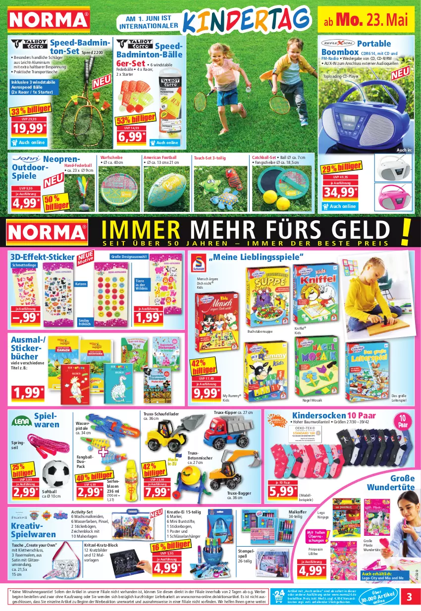 Aktueller Prospekt Norma - Norma - von 23.05 bis 30.05.2022 - strona 3 - produkty: acer, Anhänger, Bad, ball, Bau, Bebe, buch, buntstifte, dell, eis, Elan, elle, erde, fasermaler, gin, Kinder, koffer, Kreide, LEGO Ninjago, Mett, mint, Mode, ndk, ninjago, Pinsel, Radio, reis, ring, rum, Schmetterling, Seife, socken, spee, Spiele, spielwaren, Sport, sporttasche, stifte, suppe, Tasche, Ti, Tiere, tisch, Tüte, wasser, wasserpistole, Wild, Yo, zeichenblock