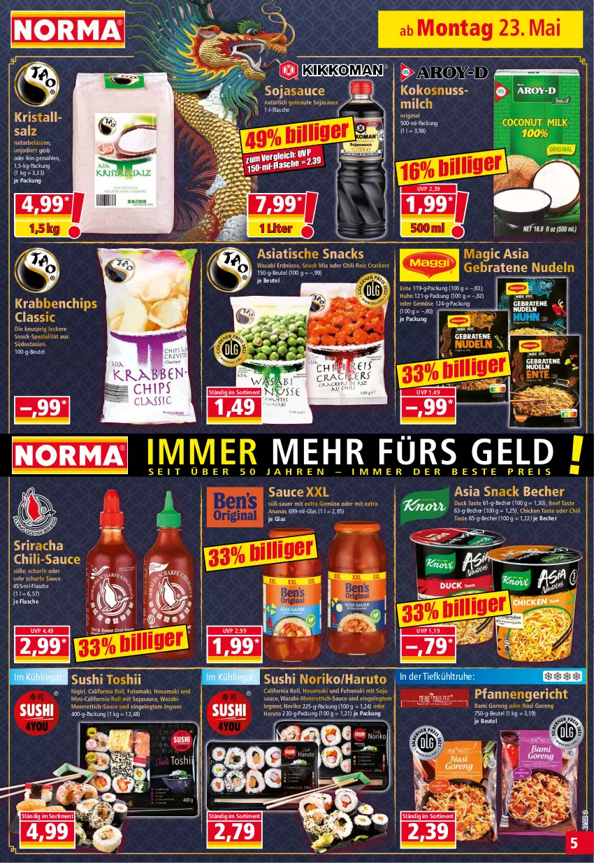 Aktueller Prospekt Norma - Norma - von 23.05 bis 30.05.2022 - strona 5 - produkty: ananas, auer, Becher, beef, beutel, braten, chili, chips, cracker, Duck, eis, ente, erdnüsse, flasche, gin, ingwer, kokos, kokosnuss, Kokosnussmilch, Kristallsalz, kühlregal, meerrettich, milch, natur, nudel, nudeln, nuss, pfanne, pfannen, regal, reis, Rettich, salz, sauce, snack, snacks, soja, sojasauce, Spezi, Sriracha, Sushi, Ti, tisch, wasa