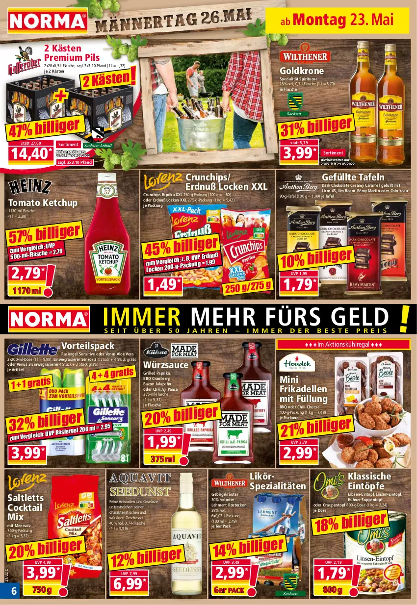 Aktueller Prospekt Norma - Norma - von 23.05 bis 30.05.2022 - strona 6 - produkty: aloe vera, bacon, caramel, chili, chips, cocktail, cranberry, crunchips, dell, eintopf, eintöpfe, einwegrasierer, elle, erbsen, flasche, frikadellen, gewürz, goldkrone, grill, hühner, jalapeño, jim beam, ketchup, kräuter, krone, kühlregal, licor, licor 43, likör, linsen, linsen-eintopf, mac, meersalz, paprika, pils, premium pils, rasierer, rasiergel, regal, Rostocker, sac, saltletts, salz, sauce, Spezi, suppe, suppen, Ti, tisch, tomato ketchup, topf, venus, würzsauce