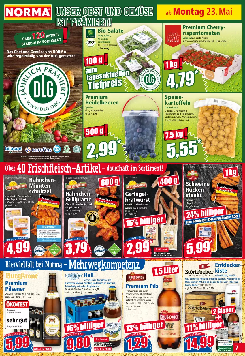 Aktueller Prospekt Norma - Norma - von 23.05 bis 30.05.2022 - strona 7 - produkty: auer, Becher, beere, beeren, bier, Biere, bio, bratwurst, bürste, cola, decke, eis, elle, erde, flasche, fleisch, Garten, Geflügel, gewürz, Gläser, grill, grillplatte, heidelbeere, heidelbeeren, henkel, kartoffel, kartoffeln, kräuter, kühlregal, Lagerbier, latte, LG, minutenschnitzel, nivea, nuss, obst, Obst und Gemüse, paprika, pils, pilsener, premium pils, Premiumbier, regal, reis, rispentomaten, Rückensteak, rückensteaks, rucola, rwe, sac, salat, salate, schenkel, schnitzel, schwein, schweine, speisekartoffeln, spinat, steak, steaks, Ti, tiefpreis, tisch, tomate, tomaten, und gemüse, wein, weine, wurst