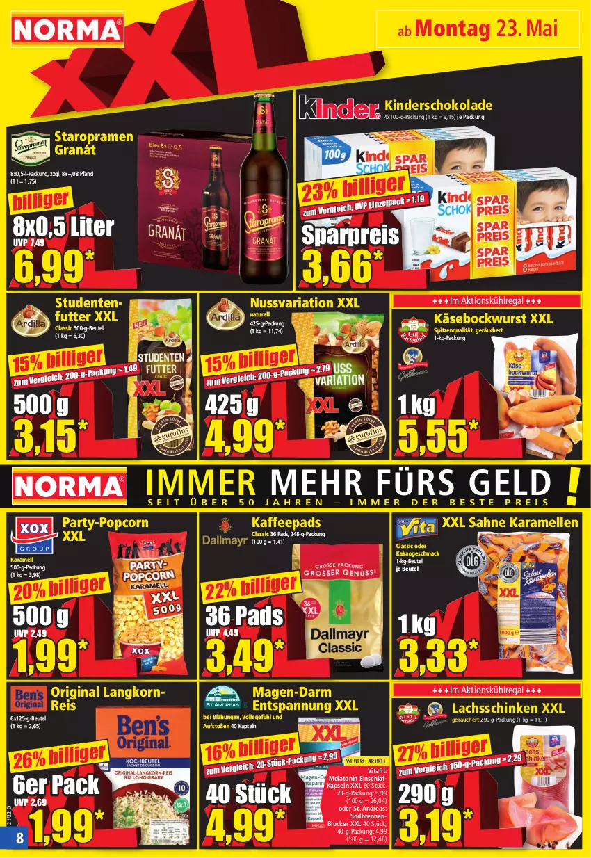 Aktueller Prospekt Norma - Norma - von 23.05 bis 30.05.2022 - strona 8 - produkty: beutel, bockwurst, eis, elle, ente, gin, kaffee, kaffeepads, kakao, karamell, Käse, Kinder, korn, kühlregal, lachs, lachsschinken, Langkornreis, mac, natur, nuss, popcorn, regal, reis, rel, Ria, sahne, schinken, schoko, schokolade, spitzenqualität, Staropramen, studentenfutter, Ti, vita, wurst