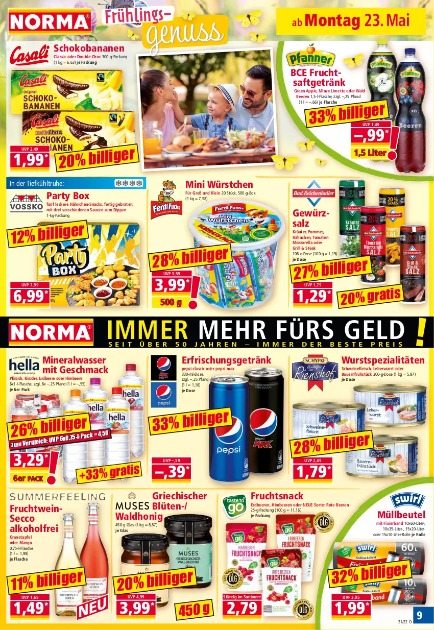 Aktueller Prospekt Norma - Norma - von 23.05 bis 30.05.2022 - strona 9 - produkty: alkohol, Alwa, apfel, Apple, auer, banane, bananen, Bau, Bauer, beere, beeren, beutel, Blüte, braten, dip, ecco, eis, erdbeere, erdbeeren, erfrischungsgetränk, flasche, fleisch, frucht, fruchtsaft, fruchtsaftgetränk, getränk, gewürz, gewürzsalz, grana, granatapfel, grill, himbeer, himbeere, himbeeren, honig, kirsch, kirsche, kräuter, leberwurst, limette, mac, mango, Mett, mineralwasser, minze, mozzarella, müllbeutel, nuss, pepsi, pfirsich, pommes, Rana, rel, saft, salz, sauce, saucen, schoko, Schokobananen, schwein, schweine, schweinefleisch, snack, snacks, Spezi, steak, Ti, tomate, tomaten, wasser, wein, weine, wurst, würstchen