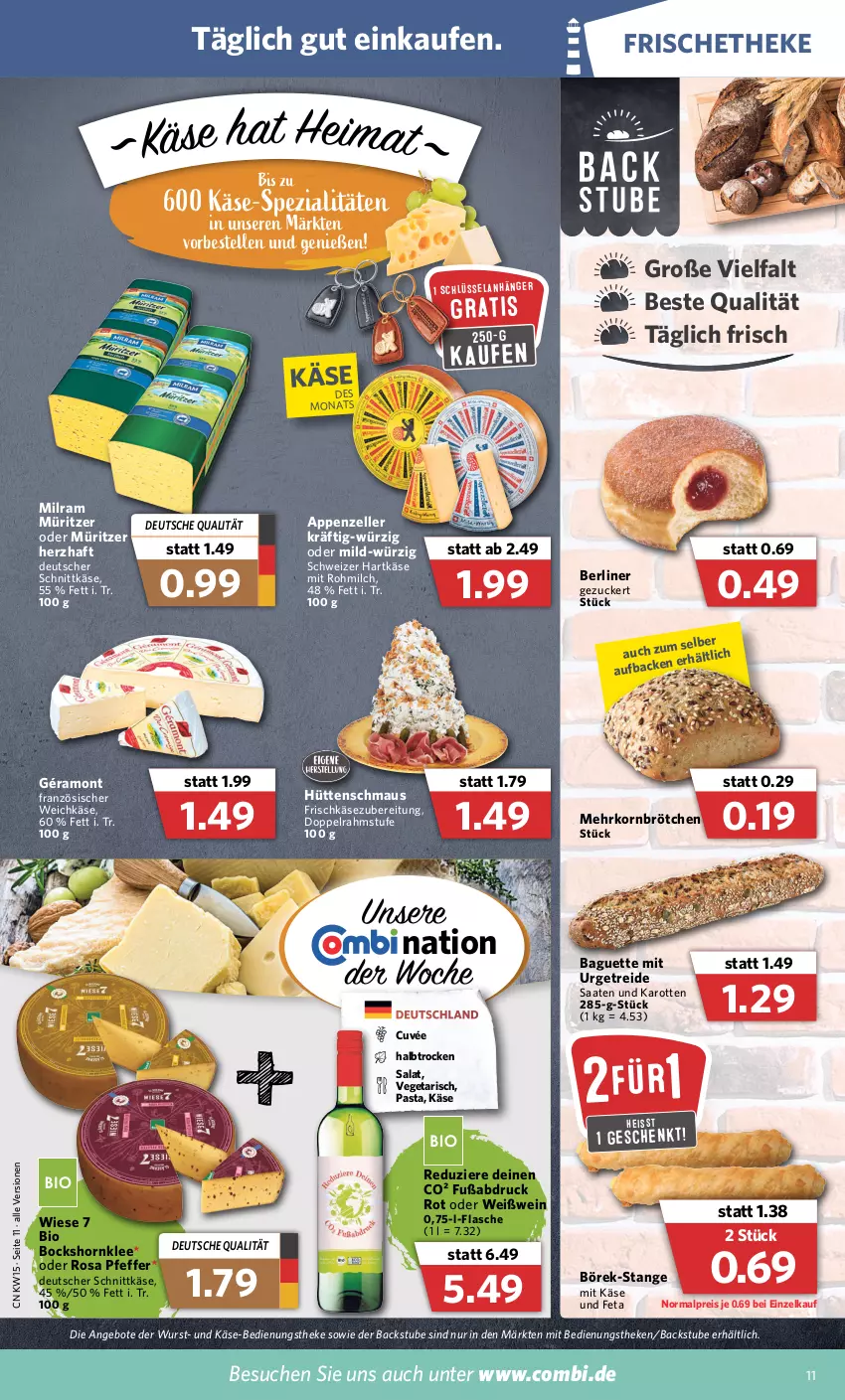 Aktueller Prospekt Combi - Prospekte - von 02.05 bis 07.05.2022 - strona 11 - produkty: angebot, angebote, Anhänger, appenzeller, baguette, berliner, bio, brötchen, cuvée, deutscher schnittkäse, doppelrahmstufe, eis, Elan, elle, feta, flasche, französischer weichkäse, frischkäse, frischkäsezubereitung, géramont, hartkäse, karotten, Käse, korn, Maus, mehrkornbrötchen, milch, milram, pasta, pfeffer, reis, salat, schnittkäse, schweizer hartkäse, Spezi, stube, Ti, Vegeta, weichkäse, wein, Weißwein, wurst, zucker