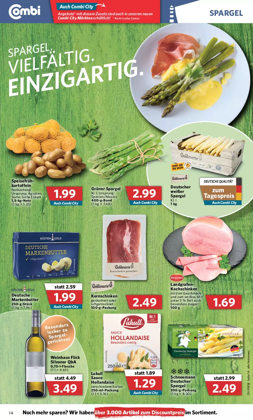 Aktueller Prospekt Combi - Prospekte - von 02.05 bis 07.05.2022 - strona 14 - produkty: angebot, angebote, butter, deutscher spargel, discount, eis, flasche, grüner spargel, hollandaise, kartoffel, kartoffeln, kernschinken, kochschinken, lukull, mac, markenbutter, reis, sauce, sauce hollandaise, schinken, silvaner, spargel, Ti, wein