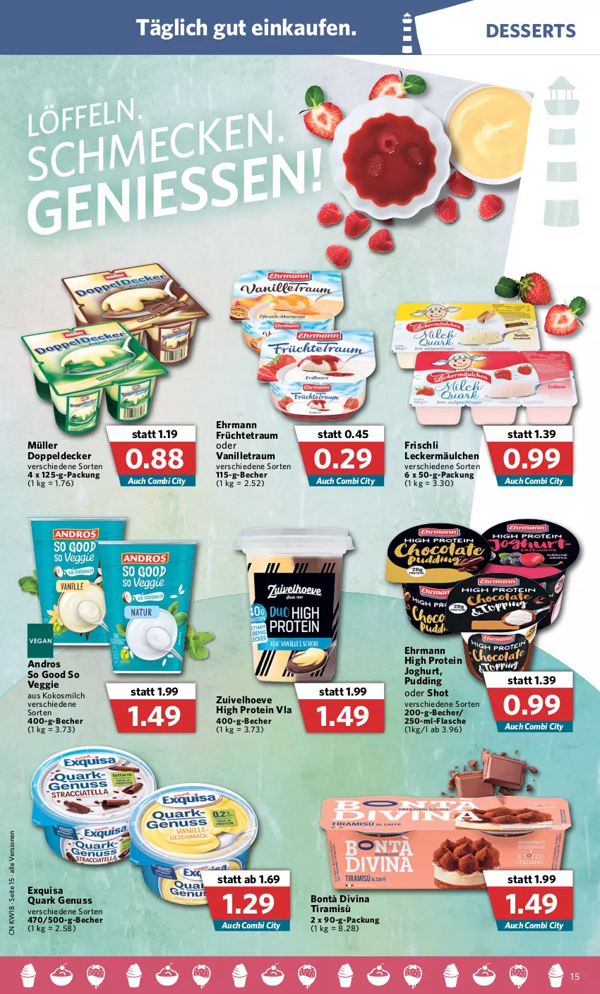 Aktueller Prospekt Combi - Prospekte - von 02.05 bis 07.05.2022 - strona 15 - produkty: Becher, decke, dessert, desserts, ehrmann, exquisa, flasche, frischli, früchte, joghur, joghurt, kokos, kokosmilch, leckermäulchen, milch, Müller, nuss, pudding, quark, quark genus, quark genuss, Ti, vanille, veggie