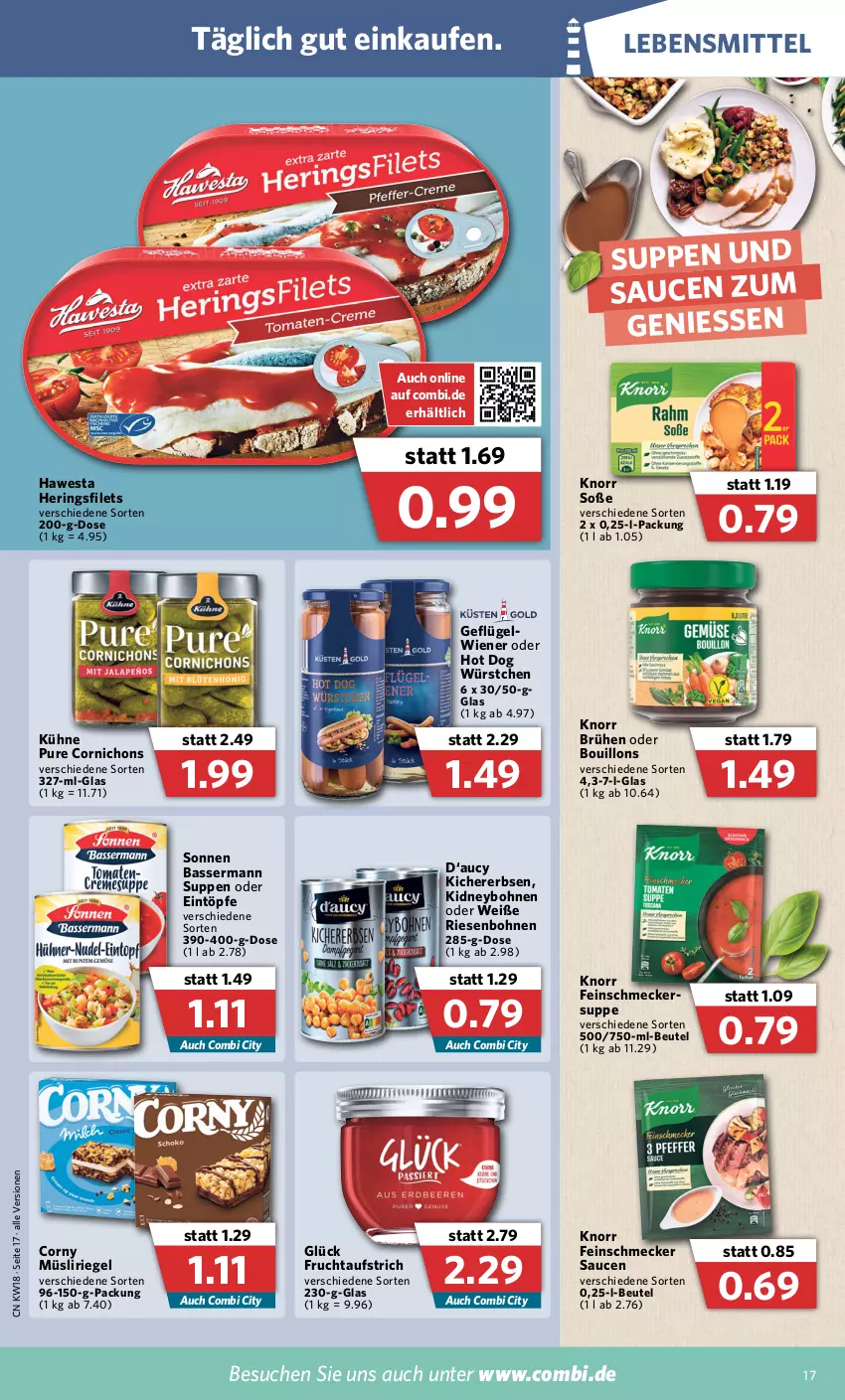 Aktueller Prospekt Combi - Prospekte - von 02.05 bis 07.05.2022 - strona 17 - produkty: aufstrich, beutel, bohne, bohnen, Brühe, corny, eintöpfe, erbsen, feinschmecker, filet, filets, frucht, fruchtaufstrich, Geflügel, hawesta, hering, Herings, heringsfilets, hot dog, kichererbsen, kidney, knorr, Kühne, lebensmittel, müsli, Müsliriegel, riegel, ring, sauce, saucen, Soße, suppe, suppen, wiener, würstchen