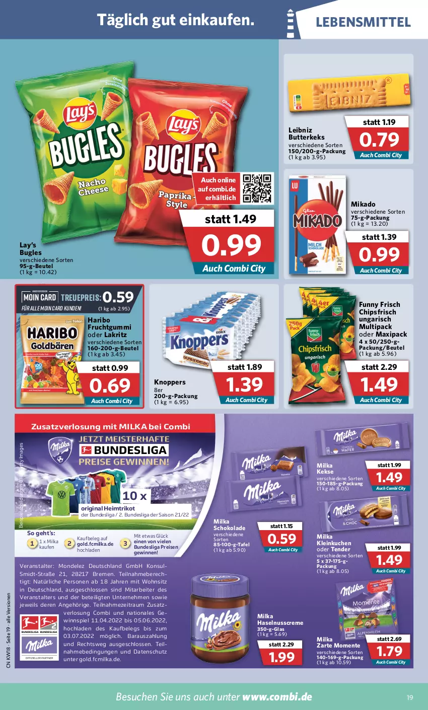 Aktueller Prospekt Combi - Prospekte - von 02.05 bis 07.05.2022 - strona 19 - produkty: beispielabbildung, beutel, bugles, butter, butterkeks, chips, chipsfrisch, creme, eis, ente, frucht, fruchtgummi, Funny Frisch, gewinnspiel, gin, haribo, haselnuss, Haselnusscreme, keks, kekse, knoppers, kuchen, Lakritz, lebensmittel, leibniz, mikado, milka, milka schokolade, mondelez, nuss, oder lakritz, reis, schoko, schokolade, tender, Ti, Trikot