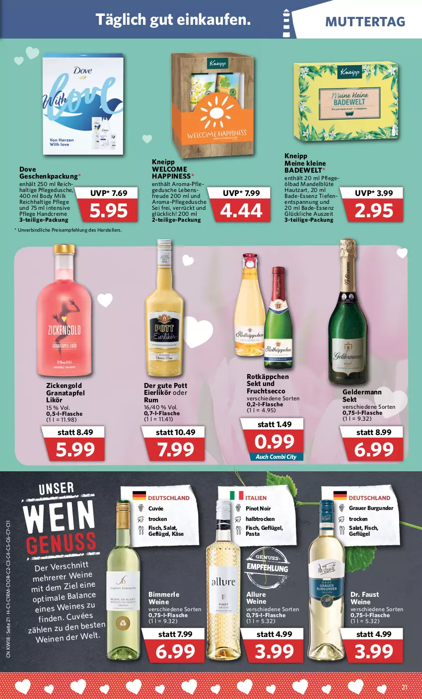 Aktueller Prospekt Combi - Prospekte - von 02.05 bis 07.05.2022 - strona 21 - produkty: apfel, auer, aust, Bad, Blüte, body, body milk, burgunder, creme, cuvée, dove, dusche, ecco, eier, eierlikör, eis, elle, fisch, flasche, frucht, fruchtsecco, Geflügel, geldermann, geschenkpackung, grana, granatapfel, grauer burgunder, handcreme, Käse, kneipp, leine, likör, mandel, merl, pasta, pflegedusche, Pflegeöl, Pinot, pinot noir, Rana, reis, rotkäppchen, rum, salat, sekt, teller, Ti, wein, weine