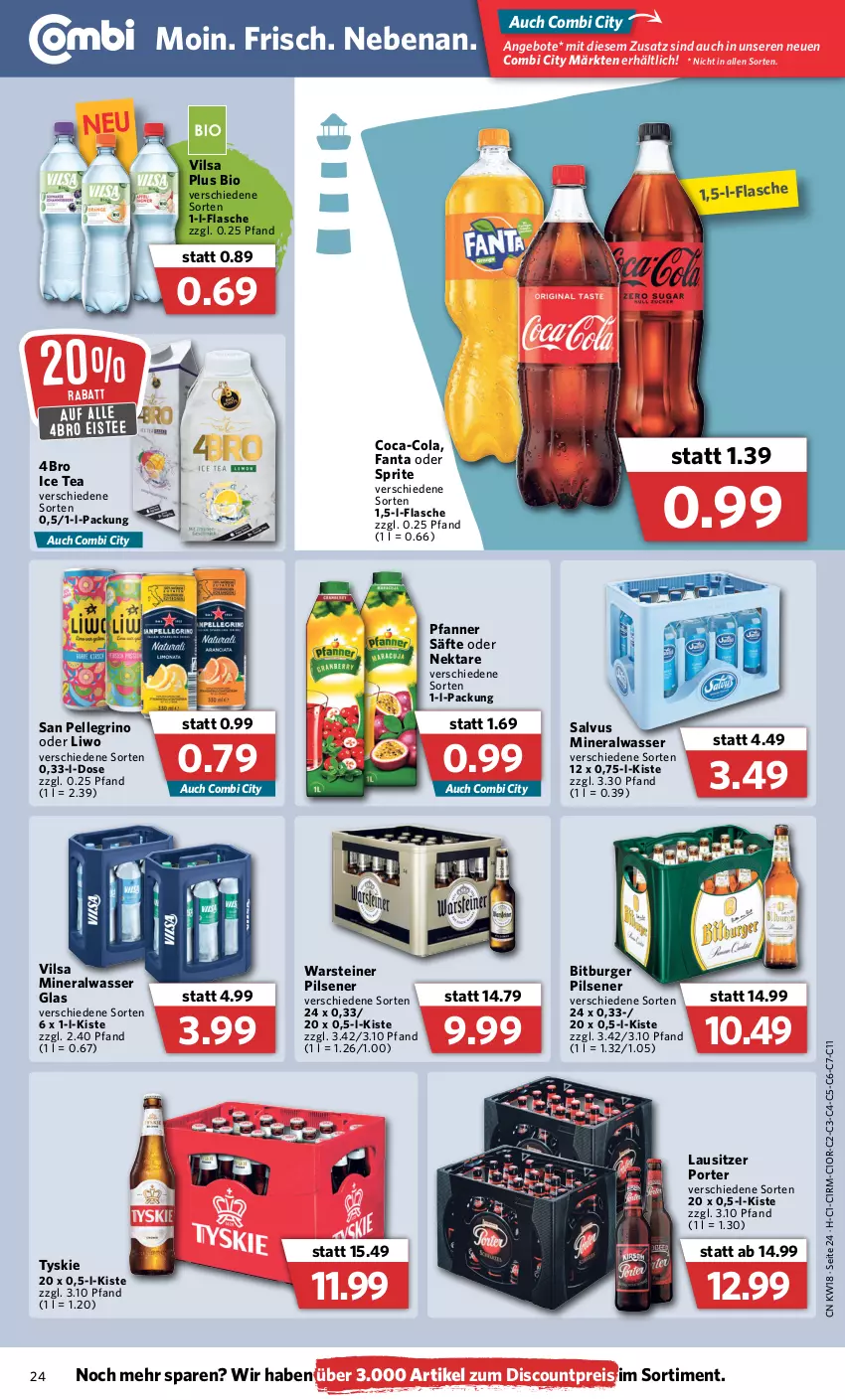 Aktueller Prospekt Combi - Prospekte - von 02.05 bis 07.05.2022 - strona 24 - produkty: Alwa, angebot, angebote, bio, bitburger, bitburger pils, burger, coca-cola, cola, discount, eis, eistee, elle, fanta, fanta oder, fanta oder sprite, flasche, ice tea, mineralwasser, Nektar, oder sprite, pfanne, Pfanner, pils, pilsener, reis, säfte, san pellegrino, sprite, steiner, tee, Ti, tyskie, vilsa, warsteiner, wasser