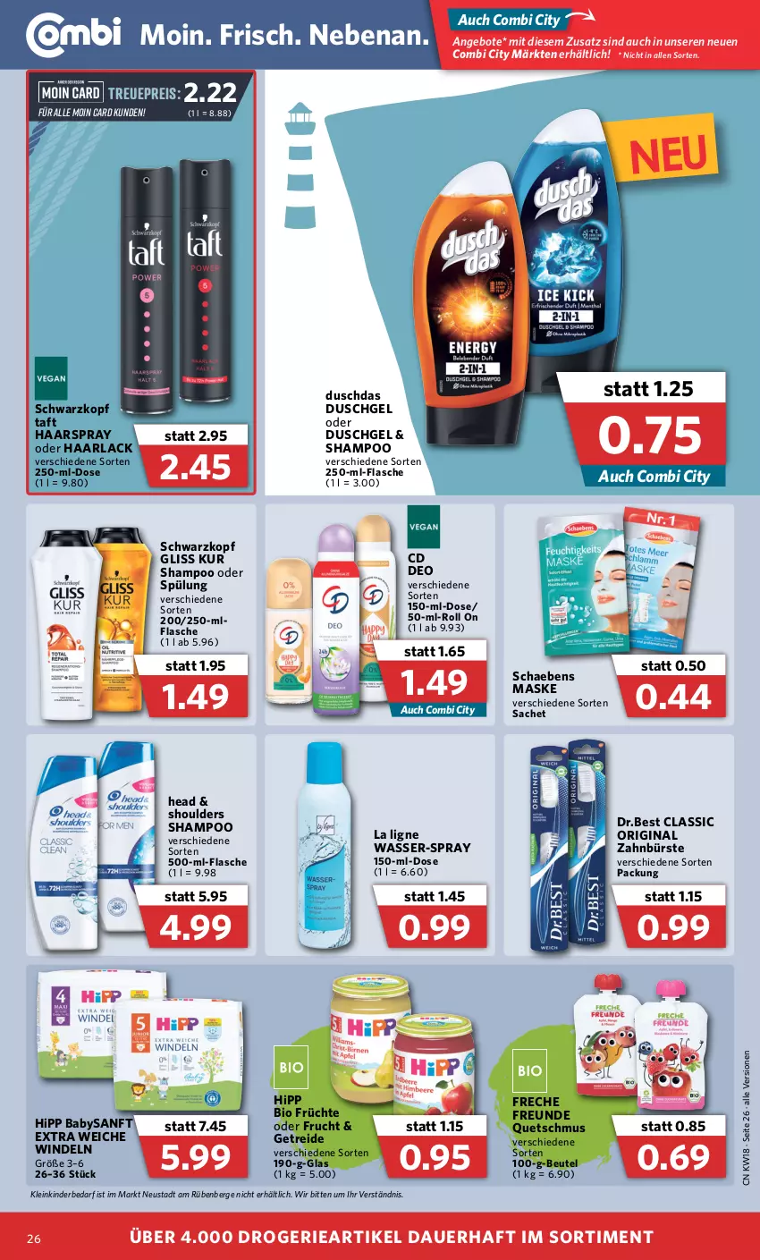 Aktueller Prospekt Combi - Prospekte - von 02.05 bis 07.05.2022 - strona 26 - produkty: angebot, angebote, arla, auer, beutel, bio, bürste, deo, duschdas, duschgel, eis, flasche, freche freunde, frucht, früchte, gin, gliss, gliss kur, Haarlack, haarspray, hipp, Kinder, lack, Maske, reis, sac, Schaebens, schwarzkop, schwarzkopf, shampoo, shampoo oder spülung, spülung, Taft, Ti, wasser, windeln, zahnbürste