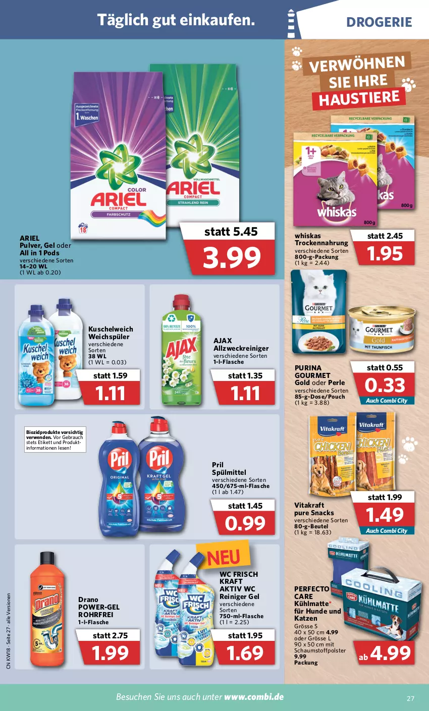 Aktueller Prospekt Combi - Prospekte - von 02.05 bis 07.05.2022 - strona 27 - produkty: ajax, allzweckreiniger, ariel, aust, beutel, bio, biozidprodukte, flasche, gourmet gold, kraft, Kuschelweich, Pods, power-gel, pril, purina, Rauch, reiniger, reiniger gel, rwe, snack, snacks, spülmittel, Stier, Ti, Tiere, Trockennahrung, vita, vitakraft, wc frisch, WC Frisch Kraft Aktiv, weck, weichspüler, whiskas