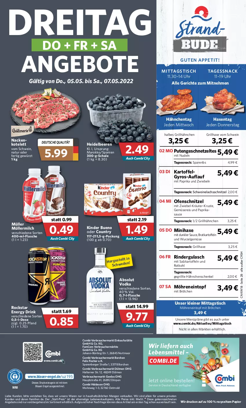 Aktueller Prospekt Combi - Prospekte - von 02.05 bis 07.05.2022 - strona 28 - produkty: Absolut Vodka, angebot, angebote, auer, axe, beere, beeren, Berger, brötchen, drink, drucker, eintopf, eis, elle, energy drink, Engel, erde, felix, fisch, fische, Fischer, flasche, Gegrillte Hähnchenschenkel, geschnetzeltes, gewürz, grill, grillhähnchen, grillhaxe, gulasch, gyros, hähnchenschenkel, Haxe, heidelbeere, heidelbeeren, henkel, kartoffel, kartoffeln, kerze, Kinder, kinder bueno, kotelett, kräuter, lachs, lebensmittel, leine, LG, milch, mit paprika, möhren, Müller, müllermilch, natur, nudel, nudeln, Ofen, papier, paprika, pute, Putengeschnetzeltes, Rauch, reis, rind, rinder, rindergulasch, Rockstar, rotkohl, salz, sauce, Schal, Schale, schenkel, schnitzel, schwein, schweine, Schweinelachs, snack, spareribs, Ti, tisch, topf, uhr, vodka, wein, weine, Zelt, zwiebel, zwiebeln