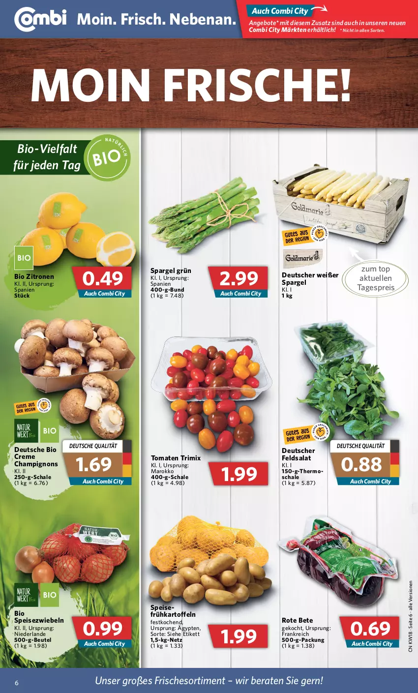 Aktueller Prospekt Combi - Prospekte - von 02.05 bis 07.05.2022 - strona 6 - produkty: angebot, angebote, beutel, bio, champignon, champignons, creme, eis, elle, feldsalat, Frühkartoffeln, kartoffel, kartoffeln, reis, rote bete, salat, Schal, Schale, spargel, spargel grün, Speisezwiebeln, Ti, tomate, tomaten, zitrone, zitronen, zwiebel, zwiebeln