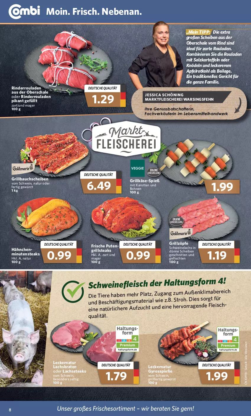 Aktueller Prospekt Combi - Prospekte - von 02.05 bis 07.05.2022 - strona 8 - produkty: apfel, Bau, bauchscheiben, bohne, bohnen, braten, eis, elle, fleisch, Fleischerei, gewürz, grill, Grillbauch, Grillkäse, gyros, ilag, karotten, kartoffel, kartoffeln, Käse, Knödel, lachs, Lachsbraten, lebensmittel, mab, minutensteaks, natur, nuss, pute, Ria, rind, rinder, Rinderroulade, rinderrouladen, rotkohl, rouladen, saft, salz, Schal, Schale, Schere, schnitten, schwein, schweine, schweinefleisch, Schweinelachs, steak, steaks, Ti, Tiere, wein, weine