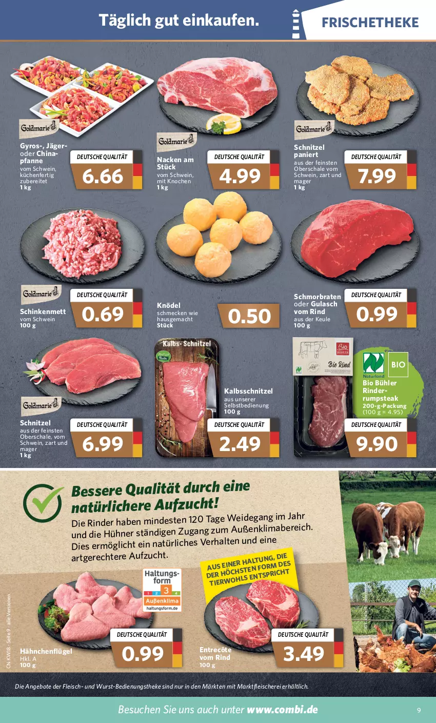 Aktueller Prospekt Combi - Prospekte - von 02.05 bis 07.05.2022 - strona 9 - produkty: angebot, angebote, bio, braten, eis, entrecôte, fleisch, Fleischerei, gulasch, gyros, hähnchenflügel, hühner, kalbsschnitzel, Knödel, küche, Küchen, mab, mac, Mett, pfanne, rind, rinder, rum, rumpsteak, Schal, Schale, Schere, schinken, schmorbraten, schnitzel, schwein, steak, Ti, wein, wurst