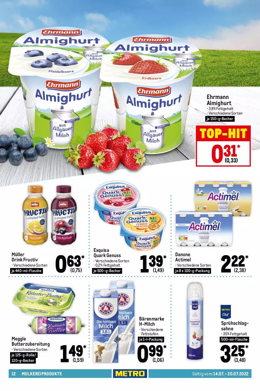 Aktueller Prospekt Metro - Food - von 14.07 bis 20.07.2022 - strona 12 - produkty: actimel, almighur, almighurt, bärenmarke, Becher, beere, beeren, butter, danone, Dr. Oetker, drink, ehrmann, ehrmann almighurt, eis, erdbeere, erdbeeren, exquisa, fisch, flasche, gelierzucker, gewürz, Gewürzgurke, gewürzgurken, gewürzketchup, Gewürzmischung, gurke, gurken, hafer, haferflocken, Hela, ketchup, knoblauch, kölln, konfitüre, Konserven, korn, Kühne, meggle, milch, molkereiprodukte, Müller, nuss, oryza, pfeffer, quark, quark genus, quark genuss, reis, sahne, salat, saupiquet, schlagsahne, Schwartau, thunfisch, Ti, tomate, tomaten, tomatenmark, top-hit, zucker