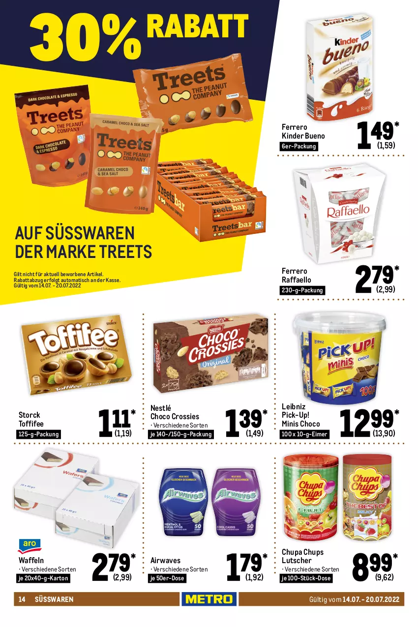 Aktueller Prospekt Metro - Food - von 14.07 bis 20.07.2022 - strona 14 - produkty: auto, beutel, butter, butterkeks, chips, chipsfrisch, choco crossies, chupa, chupa chups, cookie, cookies, crossies, dallmayr, eimer, eis, ferrero, Funny Frisch, getränk, getränke, kaffee, kakao, keks, Kinder, kinder bueno, lavazza, leibniz, LG, lorenz, Lutscher, melitta, natur, natura, nesquik, nestlé, oreo, raffaello, reis, röstkaffee, salz, schoko, snack, storck, süsswaren, Ti, tisch, toffifee, waffeln