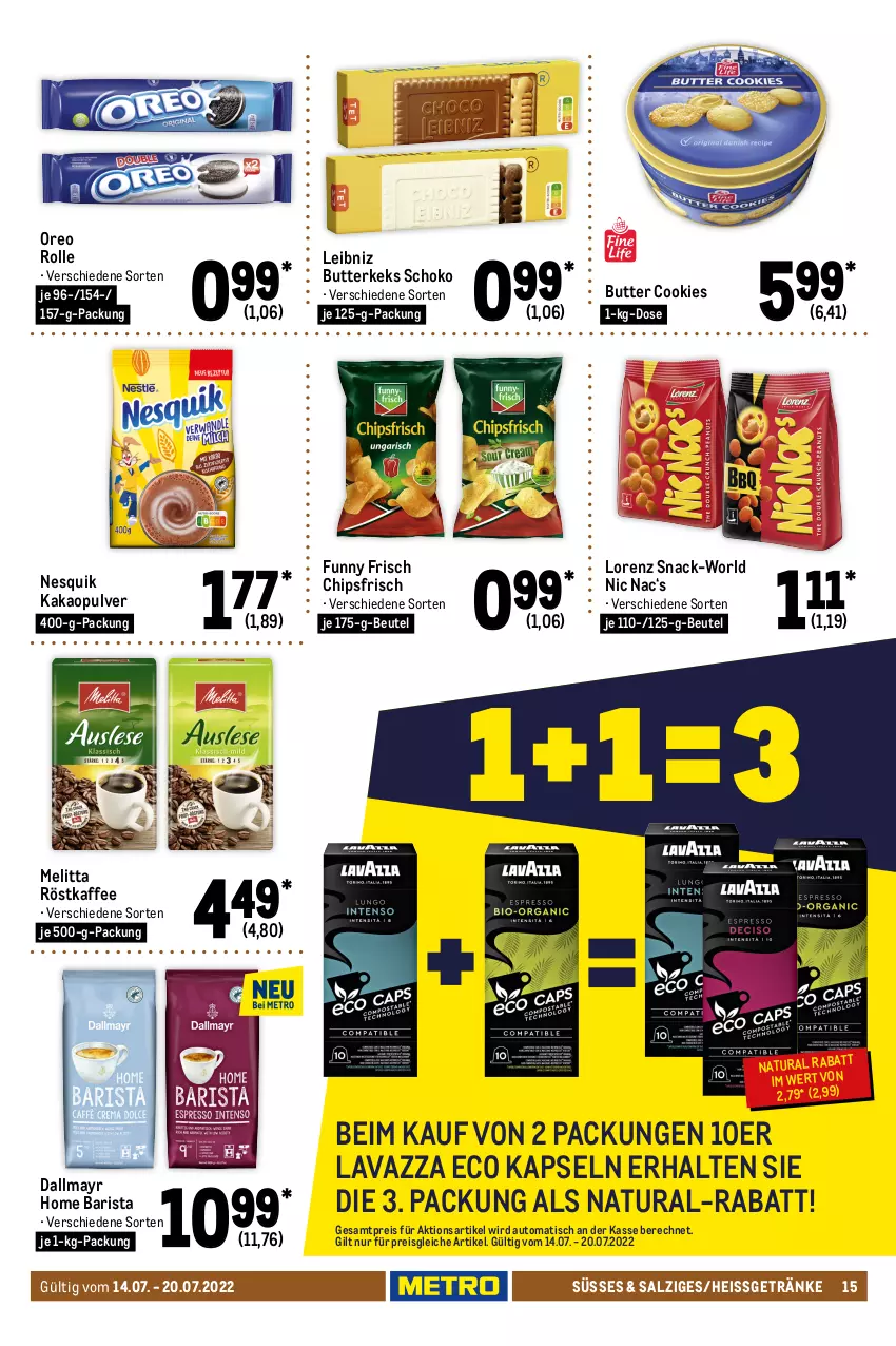 Aktueller Prospekt Metro - Food - von 14.07 bis 20.07.2022 - strona 15 - produkty: auto, beutel, butter, butterkeks, chips, chipsfrisch, choco crossies, chupa, chupa chups, cookie, cookies, crossies, dallmayr, eimer, eis, ferrero, Funny Frisch, getränk, getränke, kaffee, kakao, keks, Kinder, kinder bueno, lavazza, leibniz, LG, lorenz, Lutscher, melitta, natur, natura, nesquik, nestlé, oreo, raffaello, reis, röstkaffee, salz, schoko, snack, storck, süsswaren, Ti, tisch, toffifee, waffeln