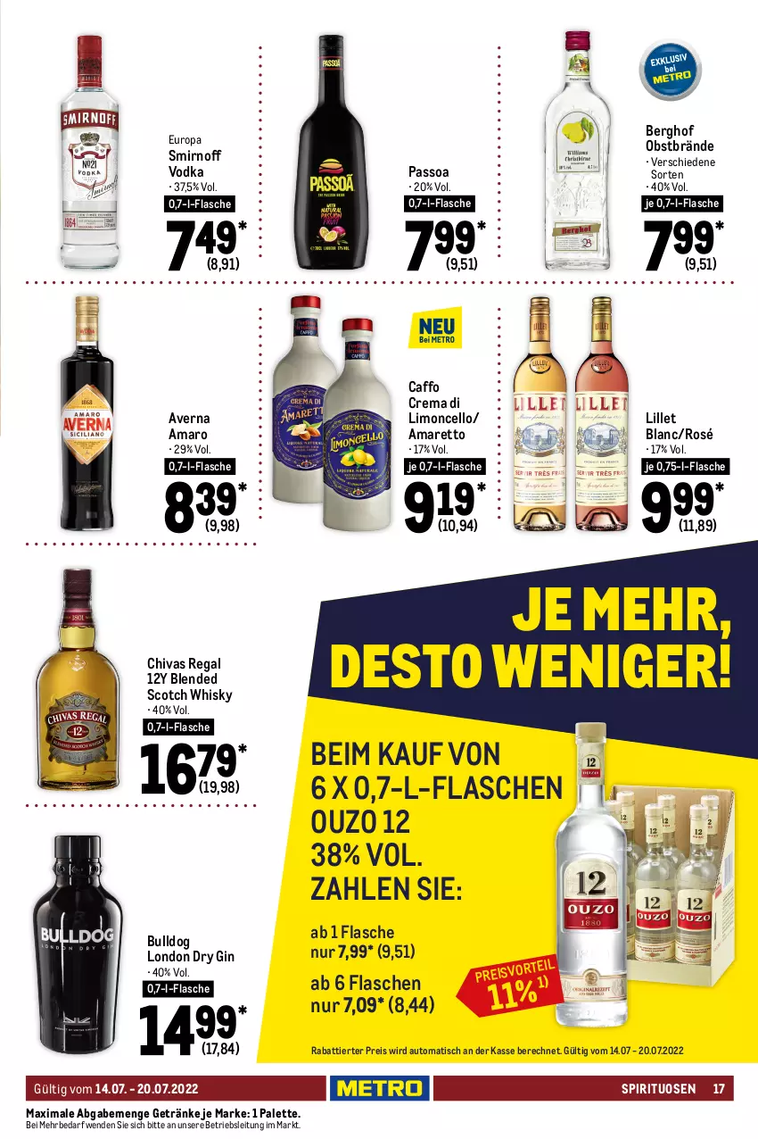 Aktueller Prospekt Metro - Food - von 14.07 bis 20.07.2022 - strona 17 - produkty: Amaretto, amaro, auto, averna, blended scotch, blended scotch whisky, Blüte, Bulldog, cassis, Cava, champagne, champagner, chardonnay, classico, dry gin, eis, elle, ente, flasche, freixenet, frucht, getränk, getränke, gewürz, gin, Holz, honig, kirsch, kirsche, kirschen, kraft, lillet, limo, london dry, london dry gin, mac, Nektar, obst, ouzo, ouzo 12, Palette, passo, perla, pfirsich, Pinot, pinot grigio, primitivo, regal, reis, Ria, scotch, scotch whisky, sekt, smirnoff, sommergetränke, spirituosen, Ti, tisch, top-hit, vodka, wein, whisky, zitrone, zitronen, zonin