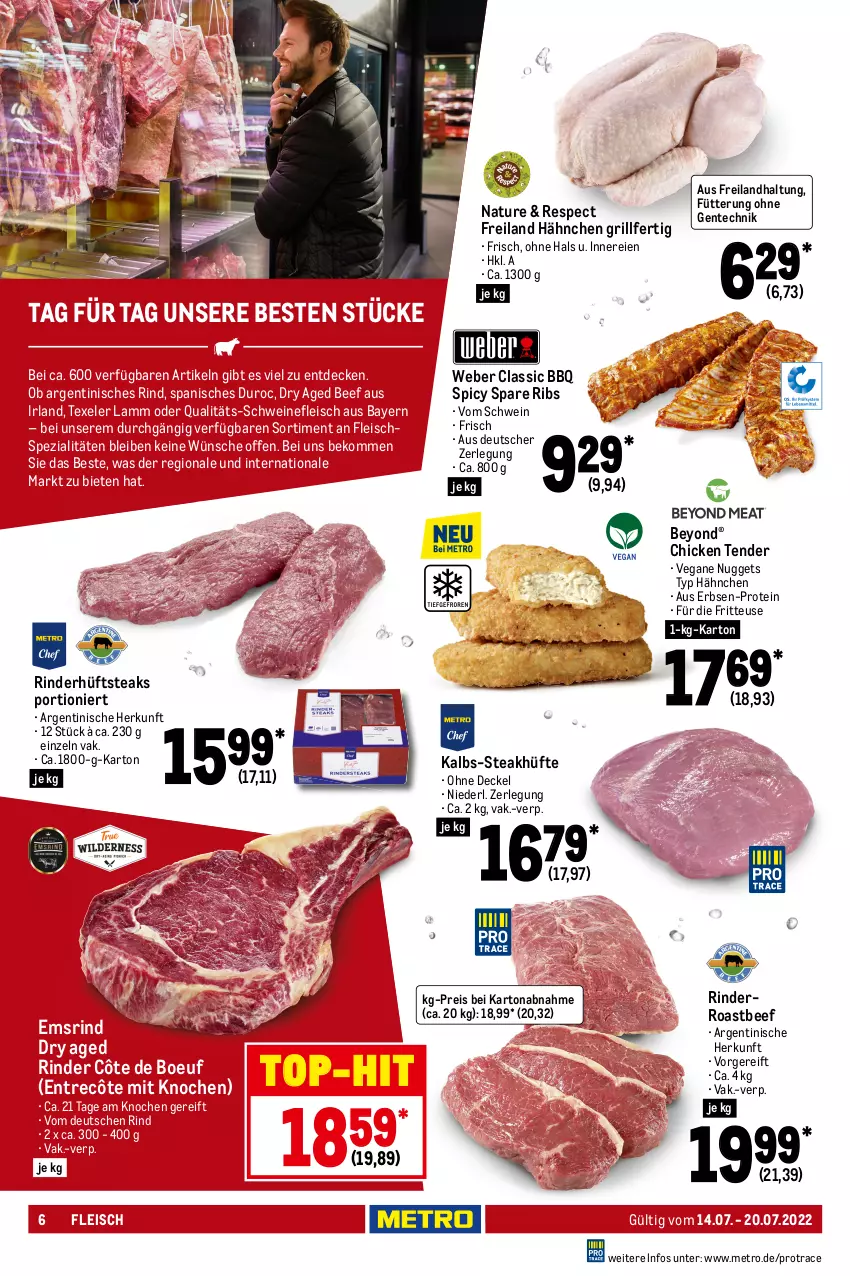 Aktueller Prospekt Metro - Food - von 14.07 bis 20.07.2022 - strona 6 - produkty: beef, beko, decke, Deckel, eis, ente, entrecôte, erbsen, filet, fleisch, fritteuse, grill, houdek, hüftsteak, hüftsteaks, kabanos, lamm, Metro, natur, nuggets, prosciutto, prosciutto cotto, reis, rind, rinder, roastbeef, schnitten, schwein, schweine, schweinefilet, schweinefleisch, schweinenacken, schweinerücken, spare ribs, Spezi, steak, steakhüfte, steaks, tender, Ti, top-hit, weber, wein, weine, wurst, Yo