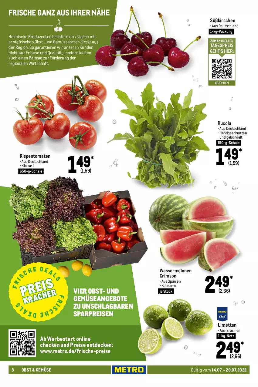 Aktueller Prospekt Metro - Food - von 14.07 bis 20.07.2022 - strona 8 - produkty: Alpenhain, angebot, angebote, baguette, baguettes, beutel, cola, comté, decke, eis, elle, ente, feinkost, frischkäse, grill, höhlenkäse, Käse, kirsch, kirsche, kirschen, limette, limetten, mac, meggle, melone, melonen, Metro, Mett, metten, milch, mozzarella, natur, nuss, obst, philadelphia, reis, rel, rispentomaten, rucola, salakis, Schal, Schale, schnitten, Ti, Tiere, tisch, tomate, tomaten, top-hit, und gemüse, wasser, wassermelone, wassermelonen