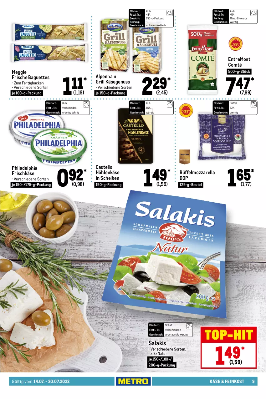 Aktueller Prospekt Metro - Food - von 14.07 bis 20.07.2022 - strona 9 - produkty: Alpenhain, angebot, angebote, baguette, baguettes, beutel, cola, comté, decke, eis, elle, ente, feinkost, frischkäse, grill, höhlenkäse, Käse, kirsch, kirsche, kirschen, limette, limetten, mac, meggle, melone, melonen, Metro, Mett, metten, milch, mozzarella, natur, nuss, obst, philadelphia, reis, rel, rispentomaten, rucola, salakis, Schal, Schale, schnitten, Ti, Tiere, tisch, tomate, tomaten, top-hit, und gemüse, wasser, wassermelone, wassermelonen