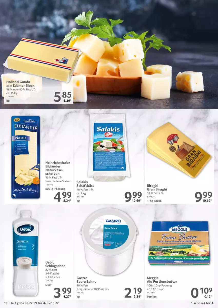 Aktueller Prospekt Selgros - Gastronomie - von 22.09 bis 05.10.2022 - strona 10 - produkty: butter, edamer, eimer, eis, flasche, gouda, heinrichsthaler, Käse, meggle, natur, reis, sahne, salakis, schafskäse, schlagsahne, Ti, Tiere