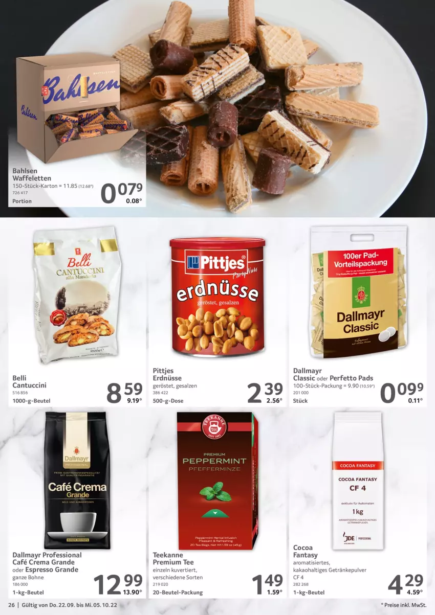 Aktueller Prospekt Selgros - Gastronomie - von 22.09 bis 05.10.2022 - strona 26 - produkty: bahlsen, beutel, bohne, cantuccini, cin, dallmayr, eis, erdnüsse, espresso, fanta, getränk, getränke, getränkepulver, kakao, oder espresso, reis, salz, tee, teekanne, Ti, tuc