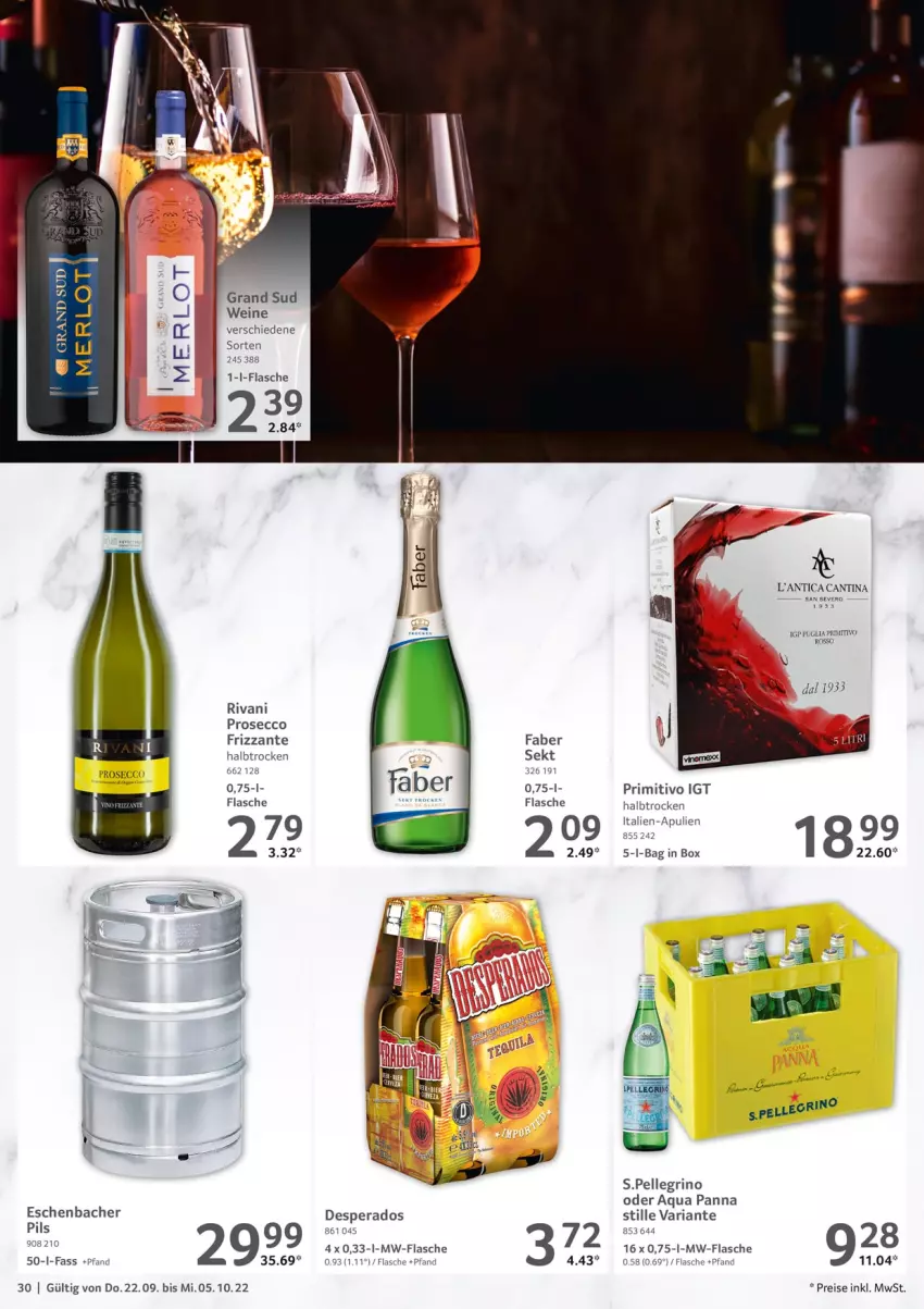 Aktueller Prospekt Selgros - Gastronomie - von 22.09 bis 05.10.2022 - strona 30 - produkty: aqua, desperados, ecco, eis, elle, flasche, frizzante, grand sud, merl, merlot, mw-flasche, pils, primitivo, prosecco, reis, Ria, sekt, Ti, wein, weine