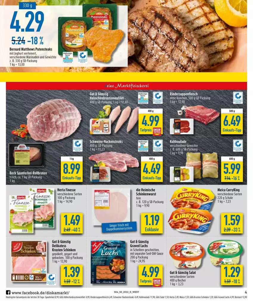 Aktueller Prospekt Diska - Prospekte - von 12.12 bis 17.12.2022 - strona 6 - produkty: Becher, curry, eis, filet, finesse, fleisch, geback, Graved Lachs, hähnchenbrust, herta, herta finesse, joghur, joghurt, lachs, marinade, meica, Nackensteak, nackensteaks, pute, putensteaks, reis, rind, rinder, salat, sauce, Schal, Schale, schinken, schinkenwurst, schnitten, schwein, schweine, senf, steak, steaks, suppe, suppen, suppenfleisch, tee, Ti, tiefpreis, wein, weine, wurst, ZTE